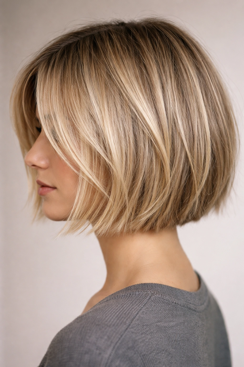 Close-up of a blunt textured bob with choppy ends showing textured ends and volume.