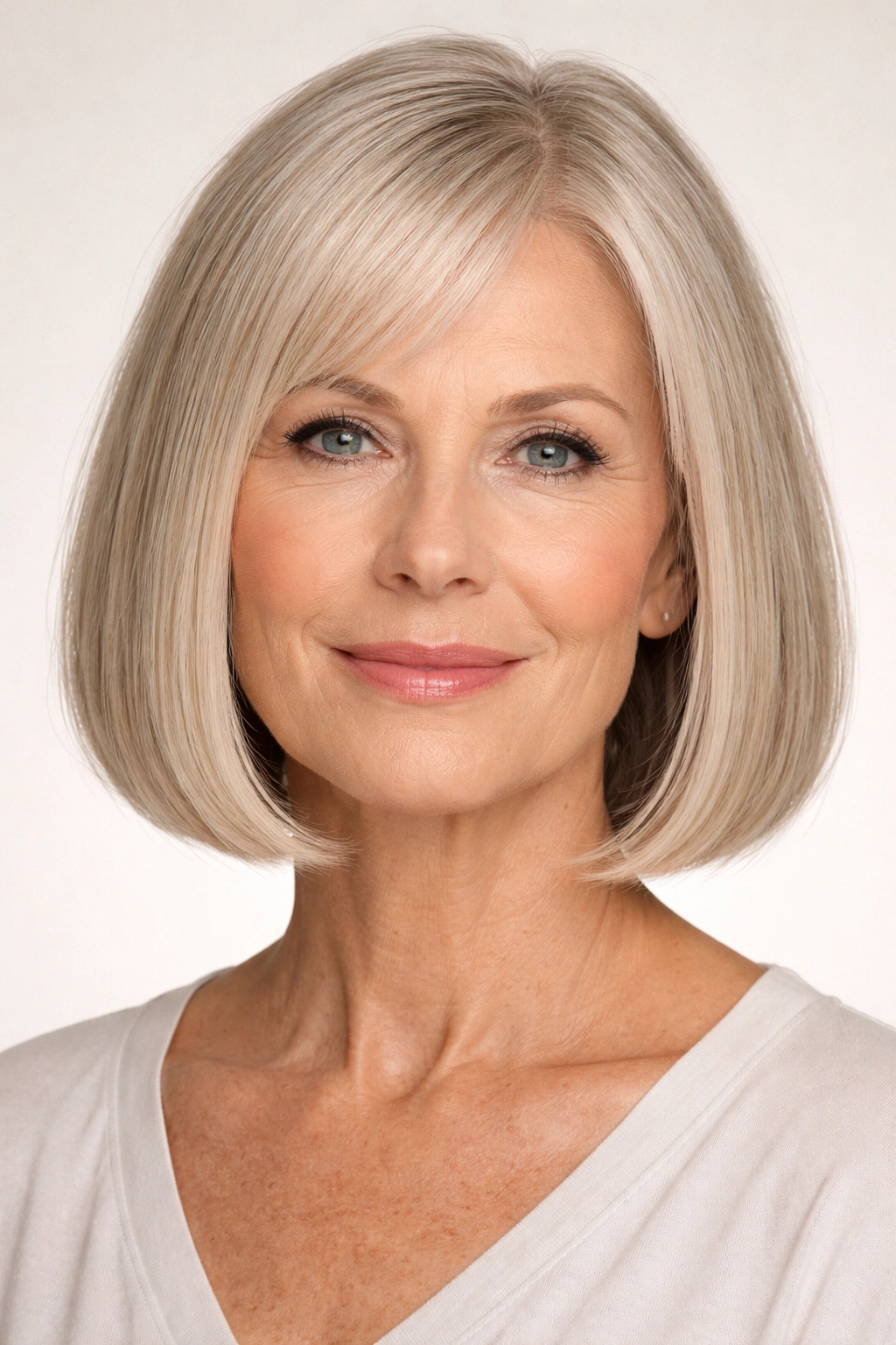 Chin-length blunt bob with crisp edges and subtle texture