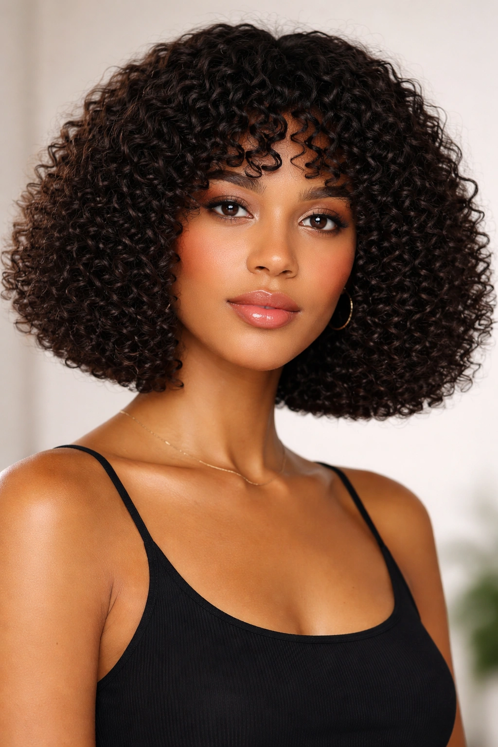 Blunt bob for tight curls with sharp edge and defined coils.