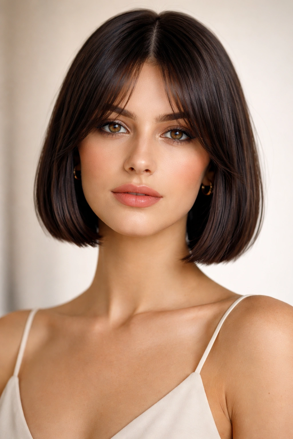 12 Short Haircuts Styled With Curtain Bangs 2 Portrait of a person with chin-length blunt bob and center-parted curtain bangs