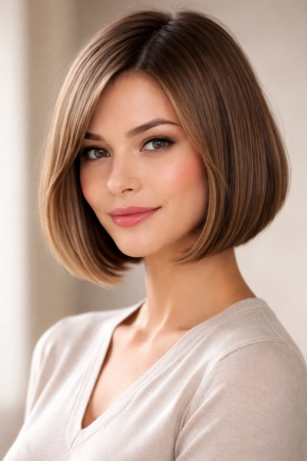15 Short Haircuts That Instantly Make You Look Younger 9 Blunt chin-length bob with curved sides framing the face