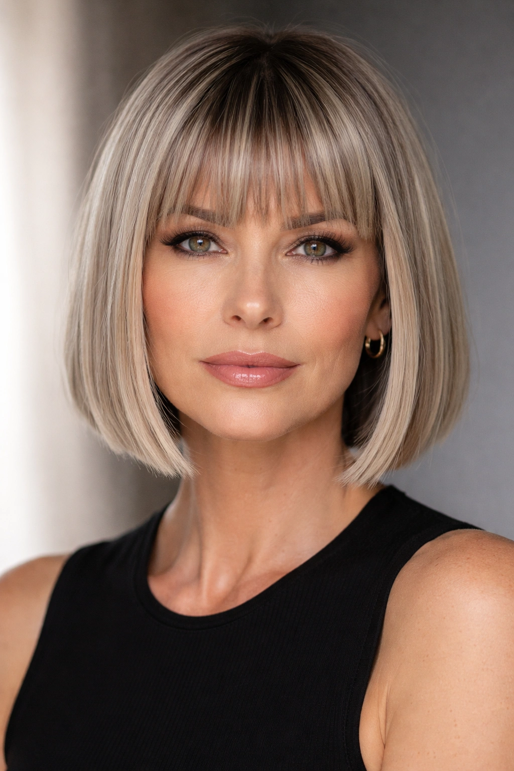 Blunt chin-length bob with disconnected choppy bangs framing the eyes