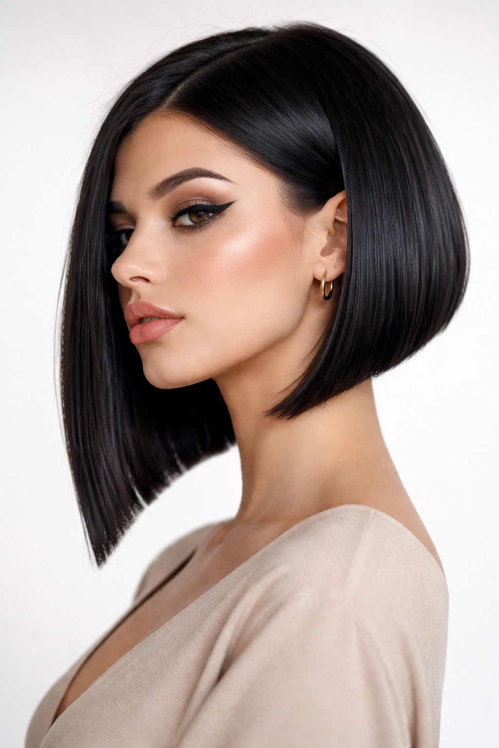 Blunt bob with exaggerated angle hairstyle on a neutral backdrop