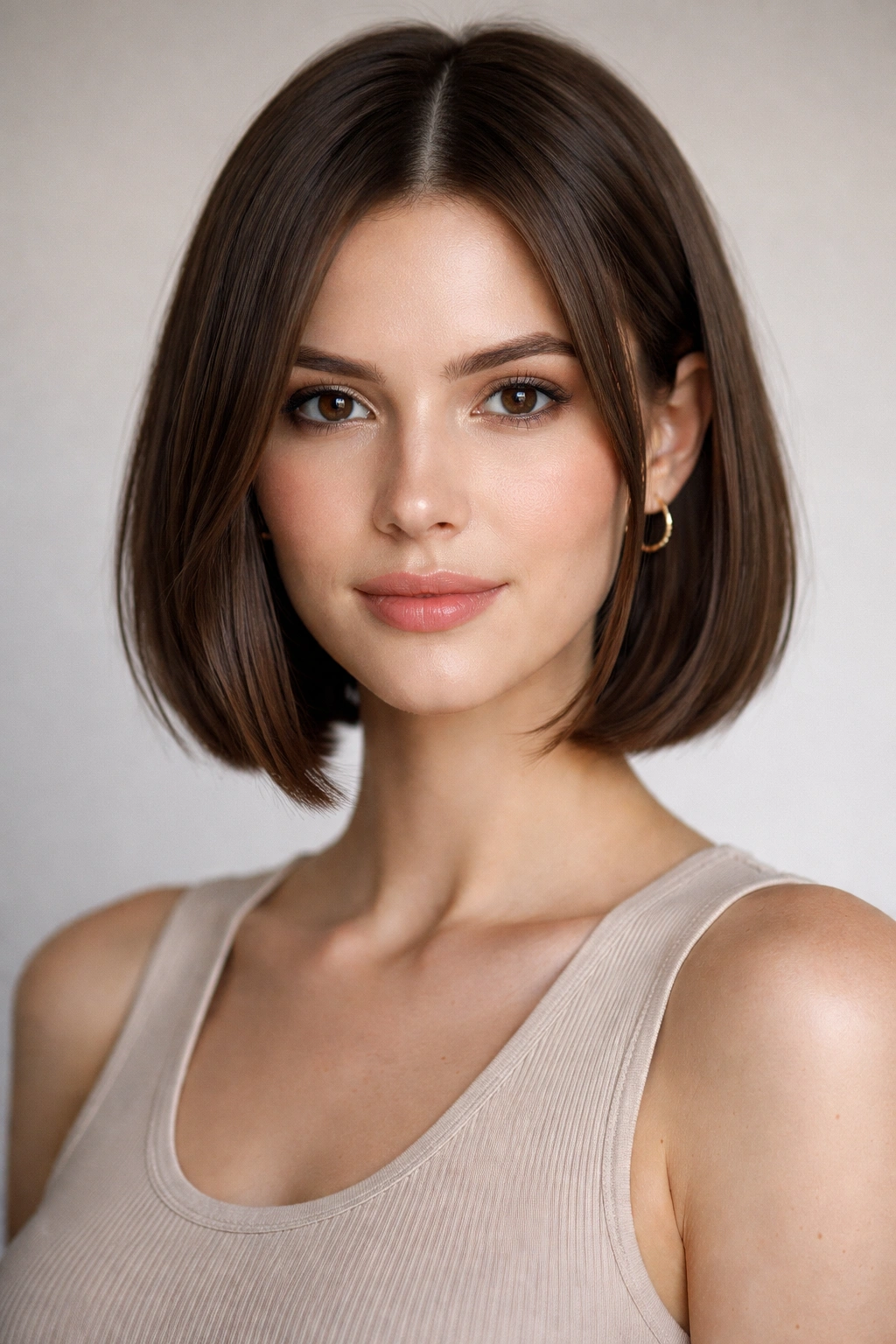 12 Haircuts That Look Amazing On Longer Faces 1 Close-up of a chin-length blunt bob with face-framing layers.
