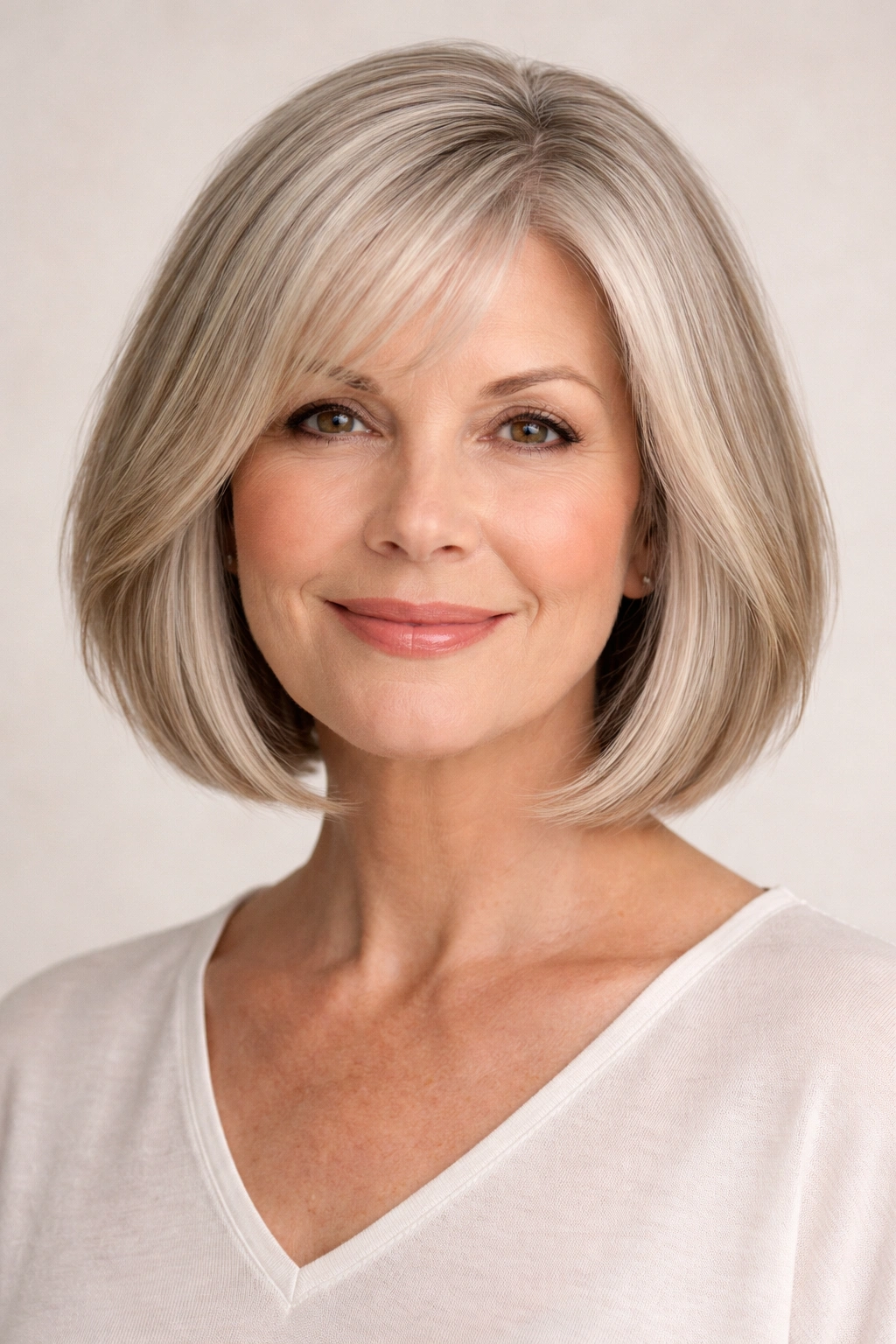 Portrait of a woman with a blunt bob and soft face-framing layers