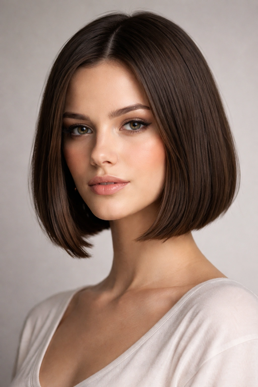 Close-up of a blunt chin-length bob with a crisp edge and face-framing layers