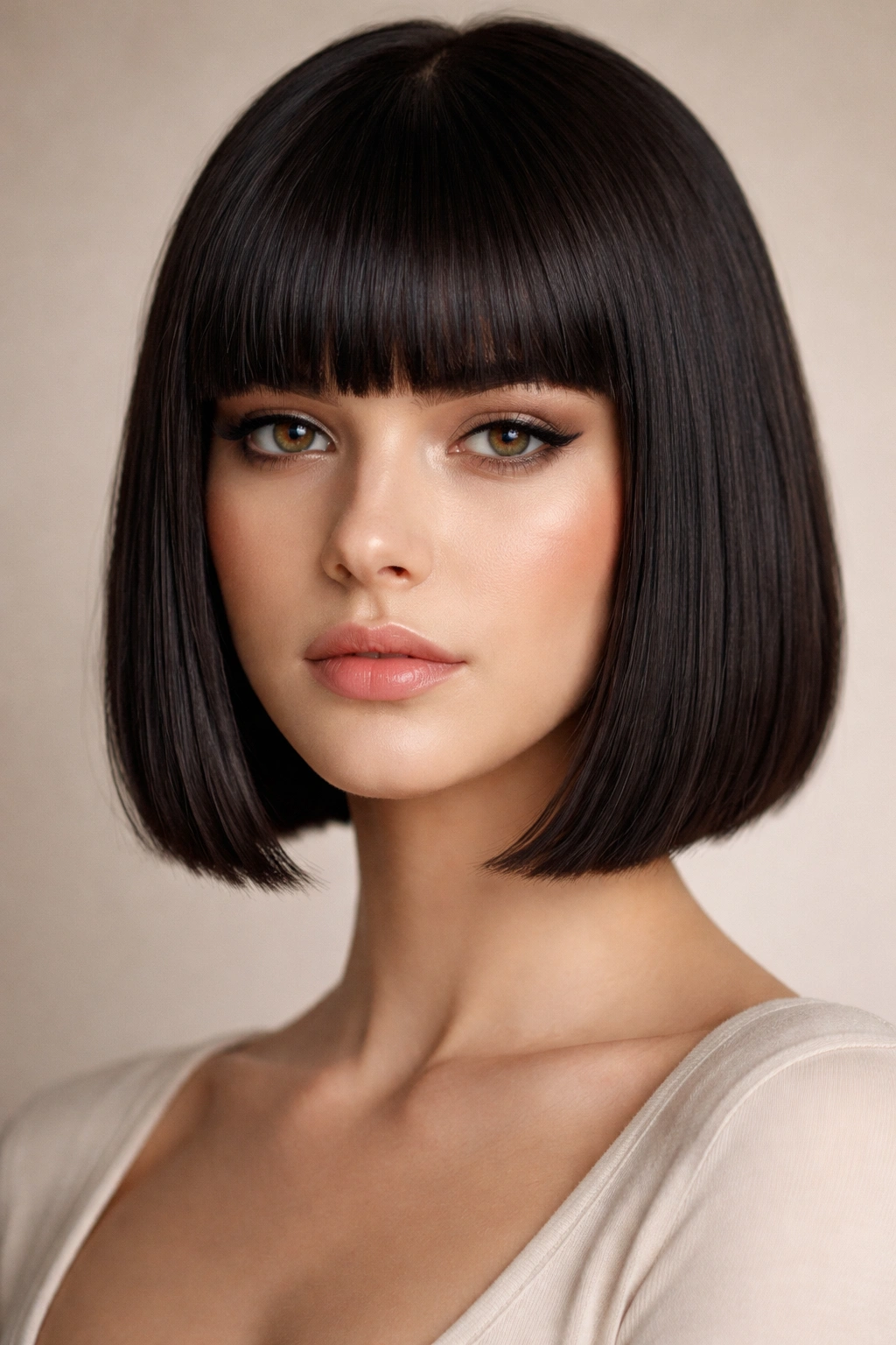 Blunt bob with thick fringe framing the forehead and jawline