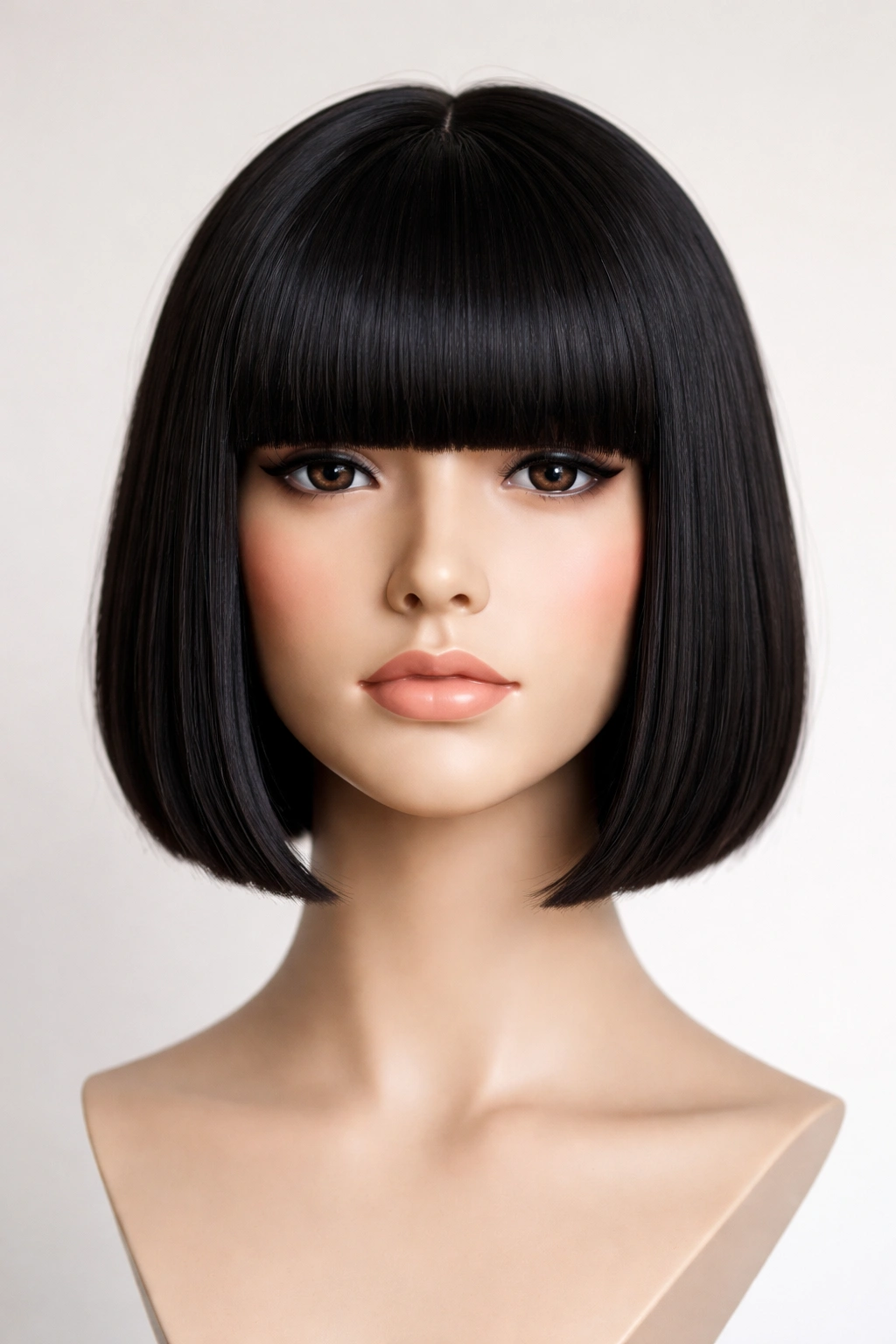 15 Short Haircuts Made For Heart Shaped Faces 9 Blunt bob with thick fringe on a head mannequin in studio