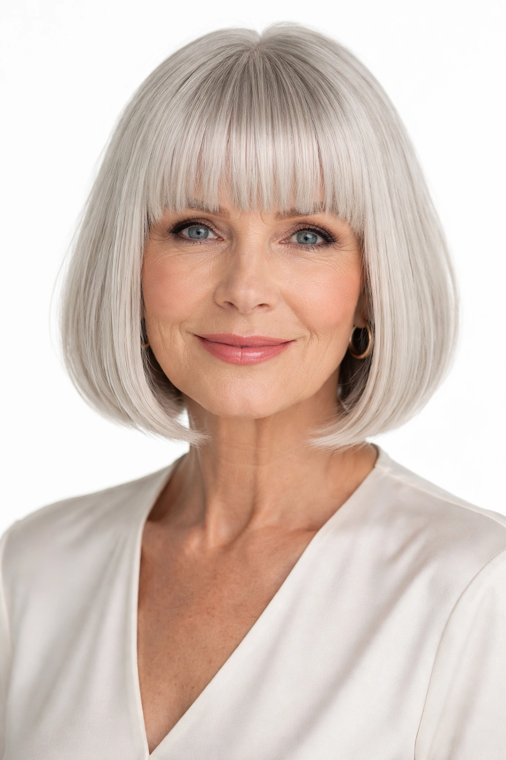 Senior woman with blunt bob and full bangs