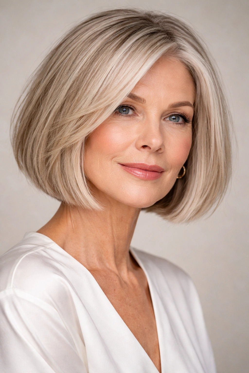 Close-up of chin-length blunt bob with subtle waves and fullness