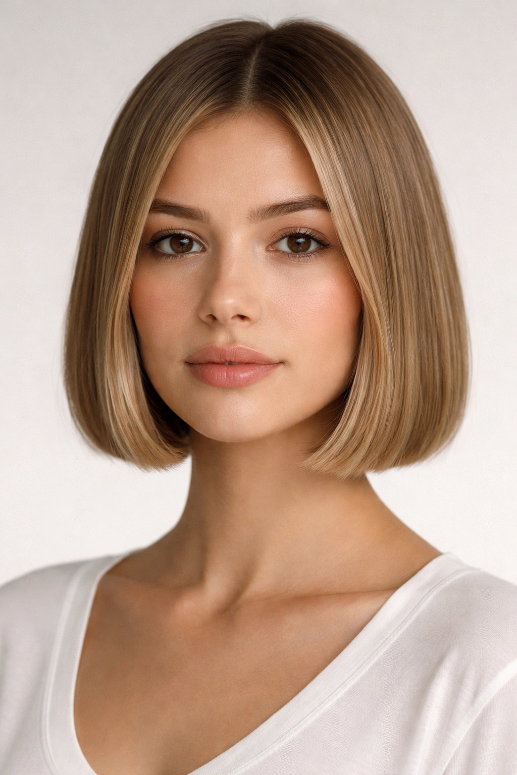 Front-facing blunt bob with a straight, blunt cut at chin length.