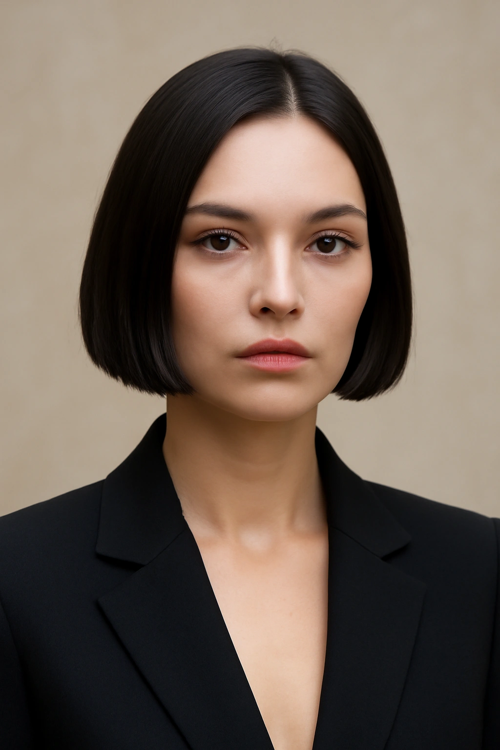 10 Hairstyles That Instantly Elevate Any Blazer Outfit 10 Blunt minimalist bob hairstyle with precise jaw-length cut in front view