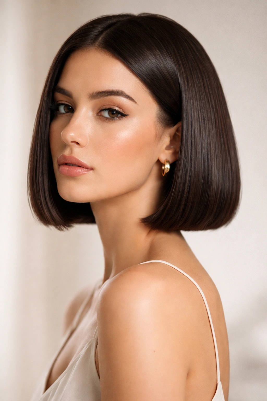 Close-up of blunt chin-length Italian bob on a single model