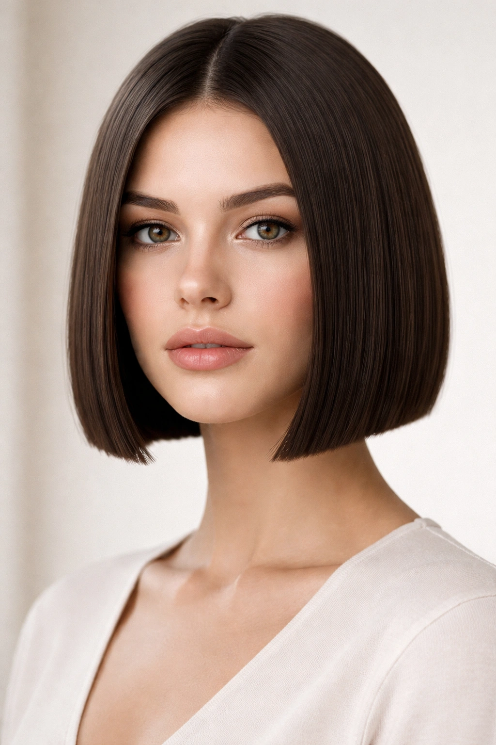 12 Short To Medium Straight Cuts That Look Clean 1 Close-up portrait of a jaw-length blunt bob with a sharp, straight hem and no layers in a studio setting