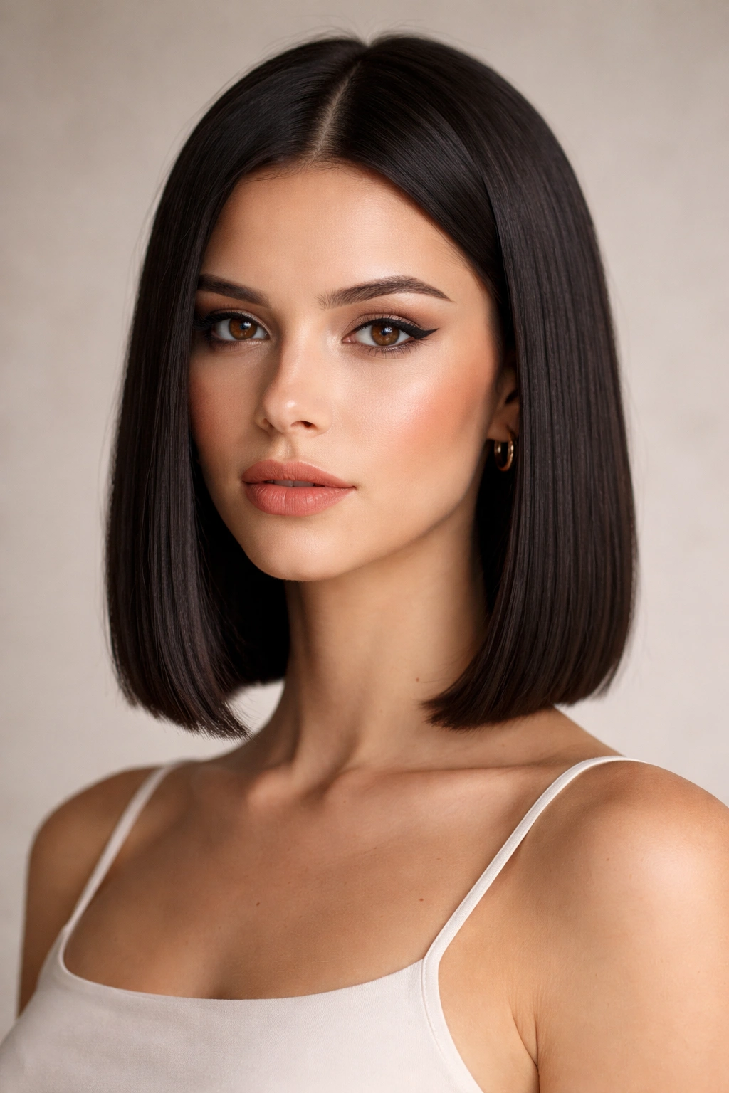 18 Shoulder Length Cuts That Flatter Everyone 7 Close-up of a blunt shoulder-length bob with a crisp straight line and minimal layering.