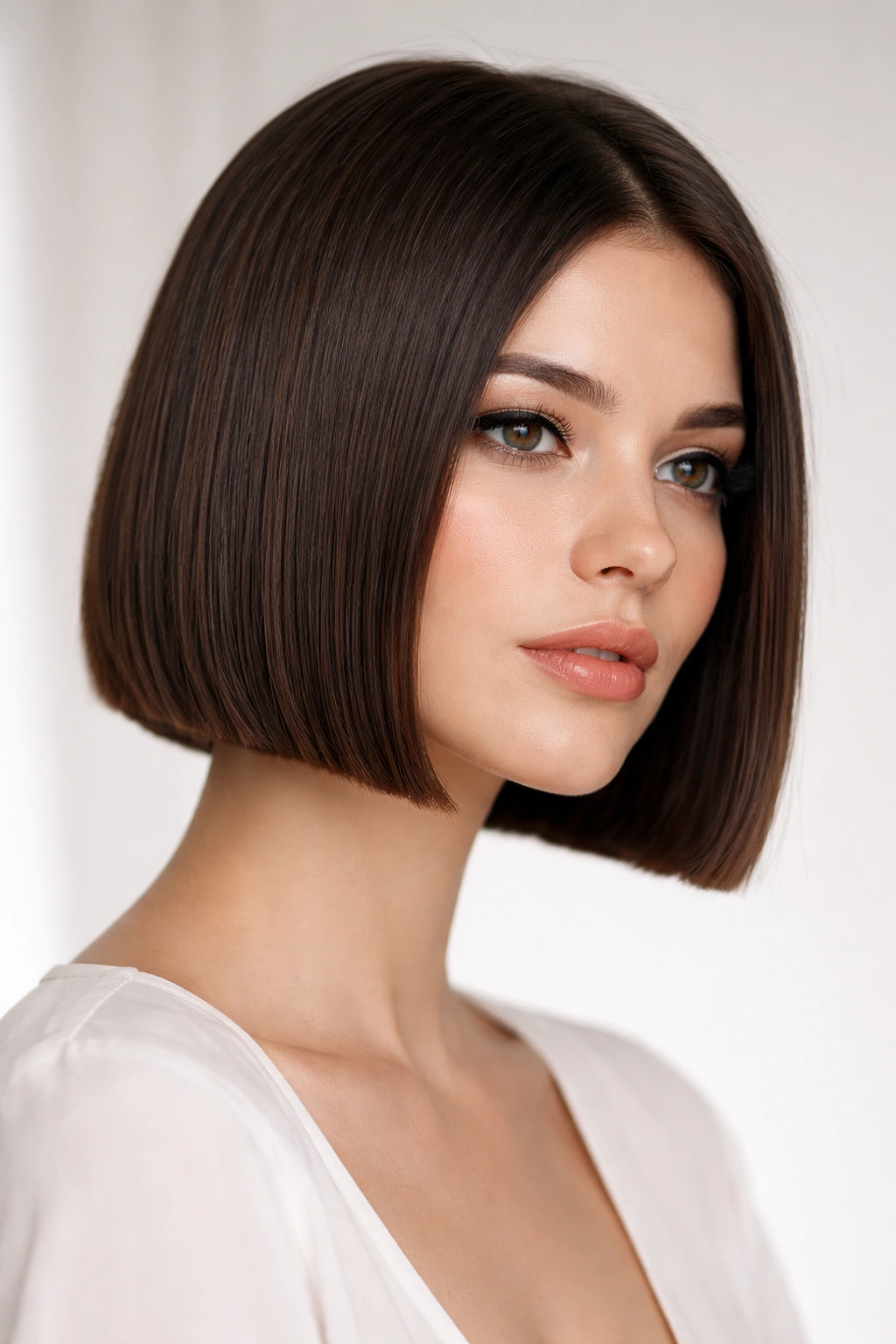 Portrait of a woman with a blunt jaw-length bob and a sharp straight edge.