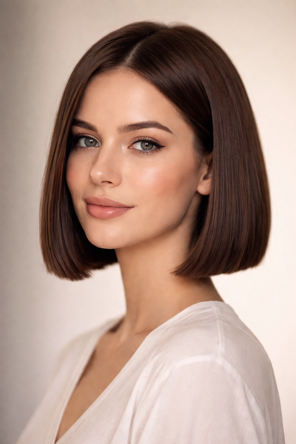 Close-up of a person with a chin-length blunt bob and straight dense ends
