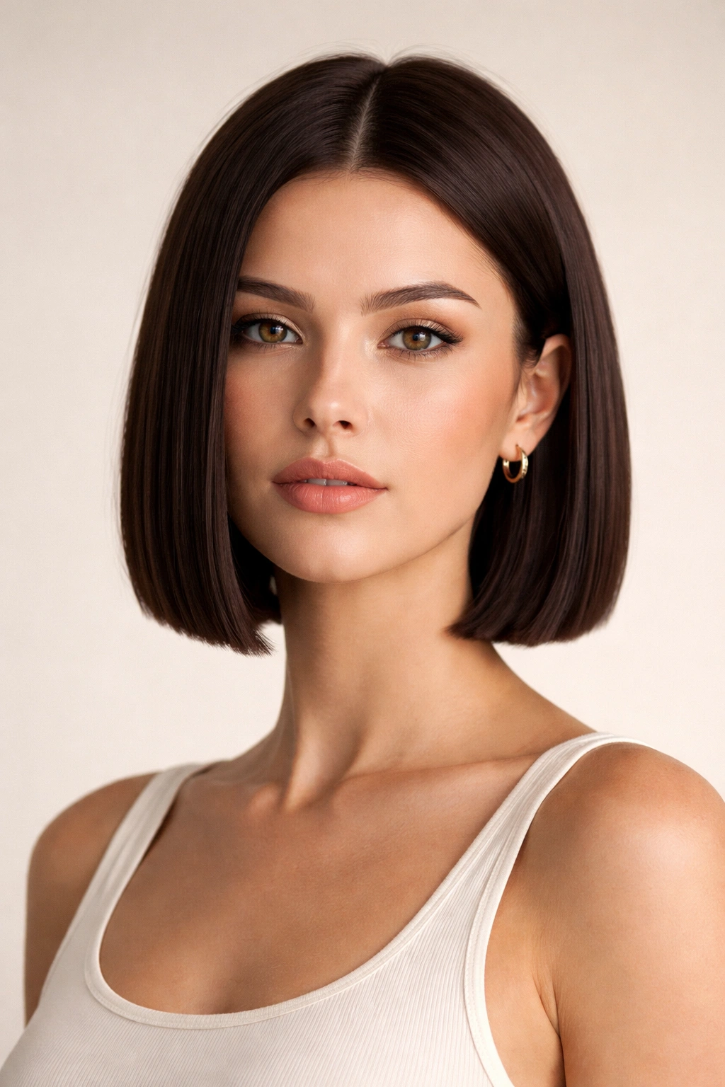 25 Haircut Styles Trending For Women This Season 3 Portrait of a model with a jaw-length blunt bob showcasing clean, straight lines.