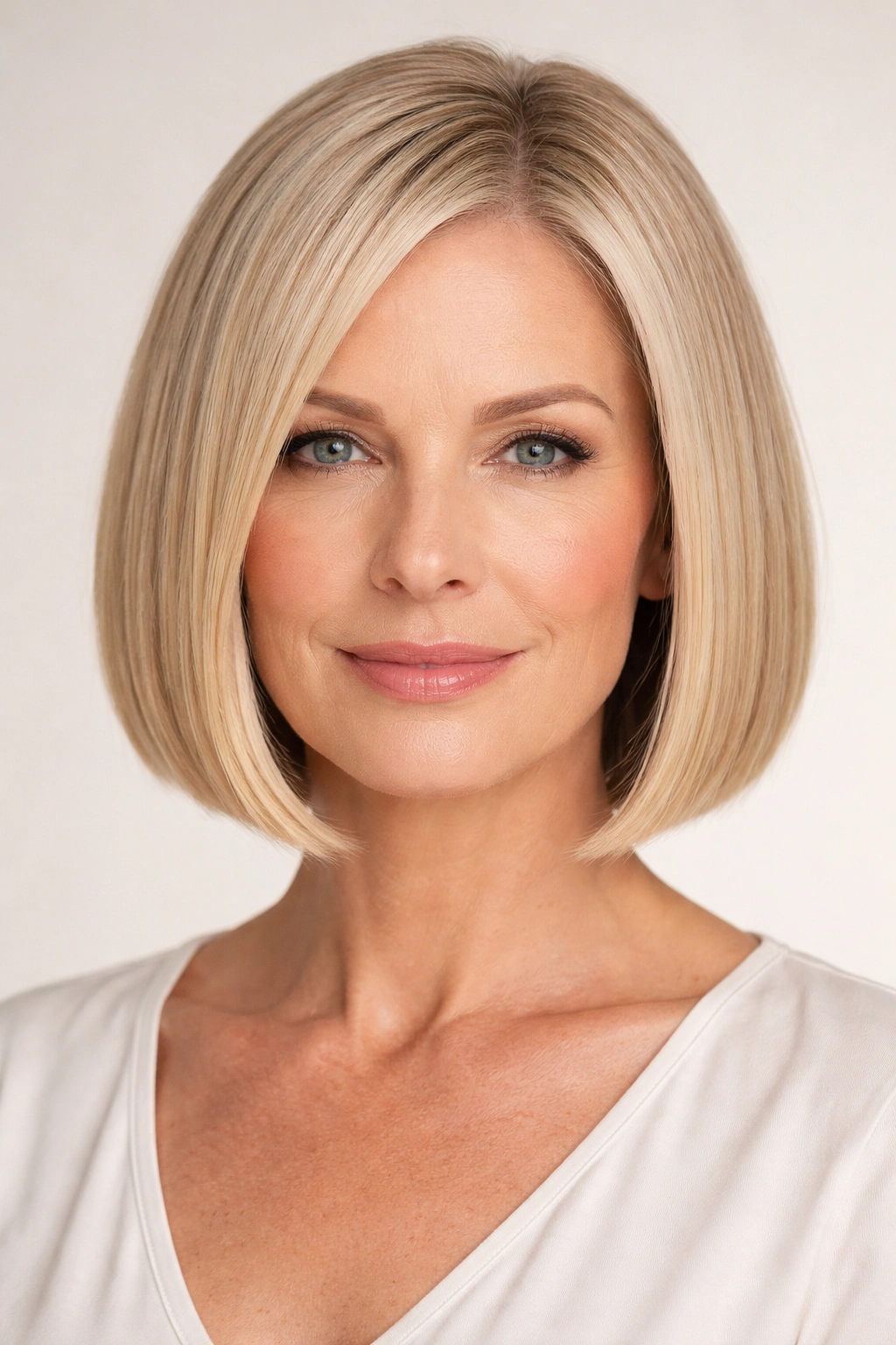 Close-up of blunt bob hairstyle with even ends framing the face