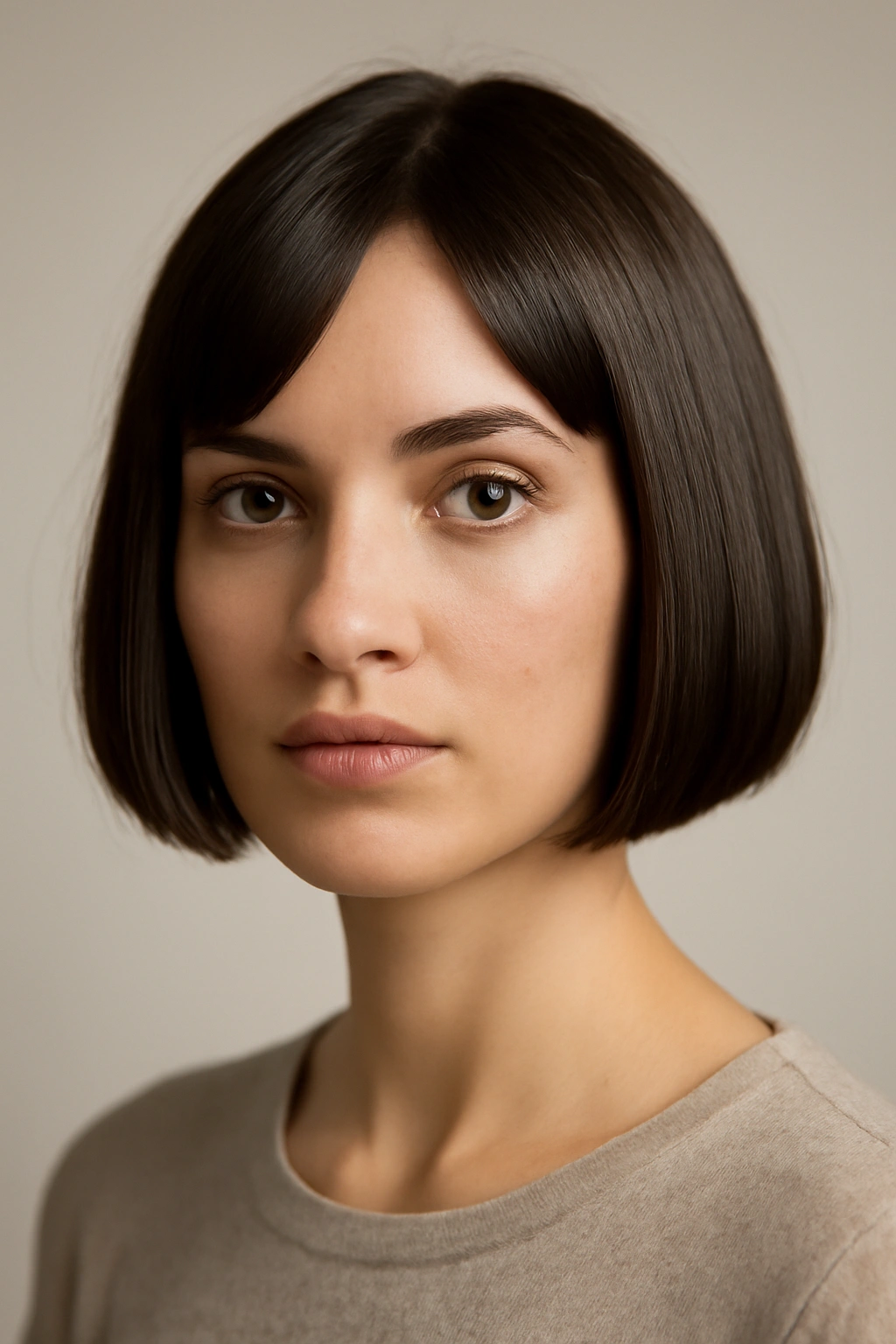 25 Short Hairstyles That Will Instantly Upgrade Your Look 1 Close-up of a chin-length blunt bob with a sharp, even cut and glossy hair