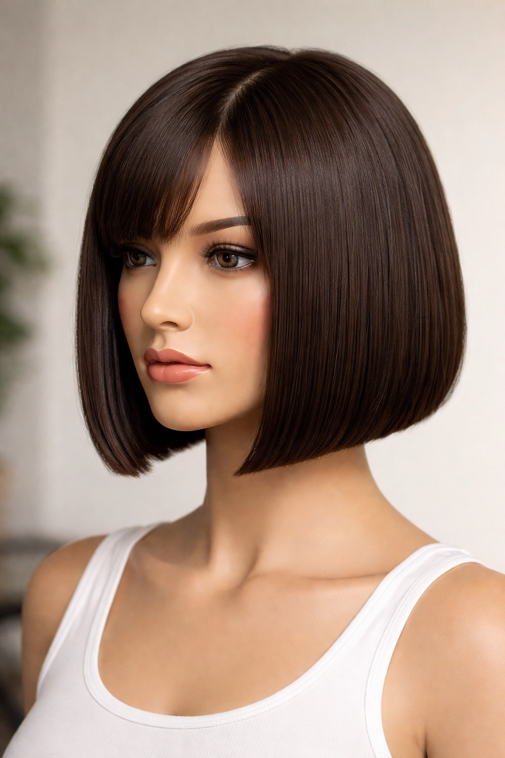 Mannequin head showcasing a crisp chin-length blunt bob