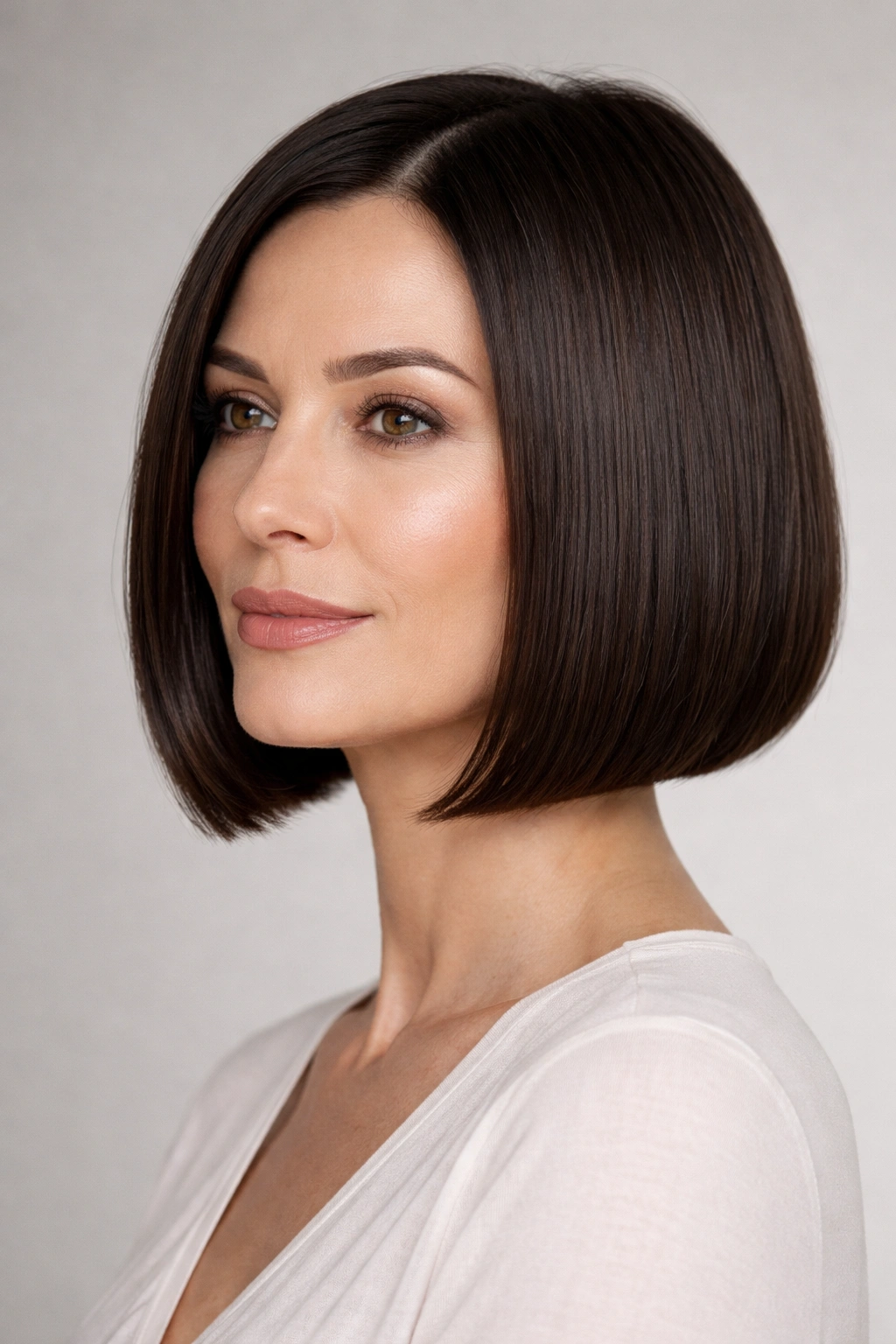 Sleek blunt bob hairstyle on a mature woman with chin-length glossy straight hair and side part