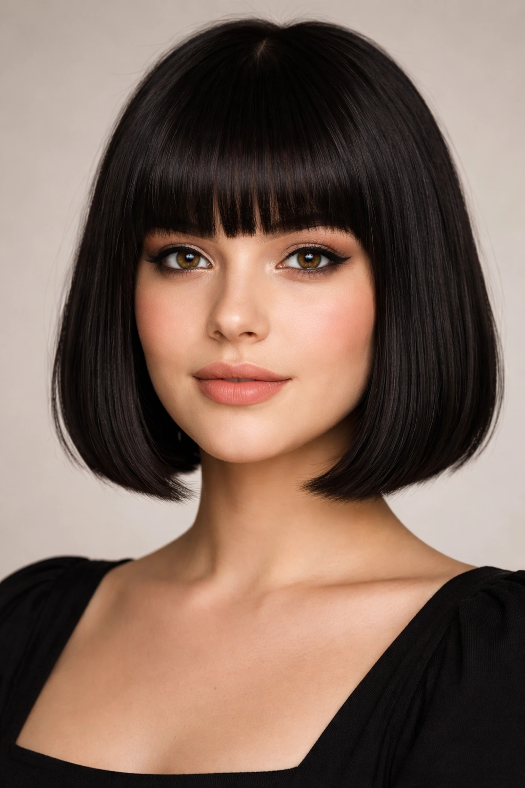 18 Bob Haircuts With Bangs Matched To Face Shape 1 Close up portrait of blunt bob with heavy bangs on a round face in studio lighting