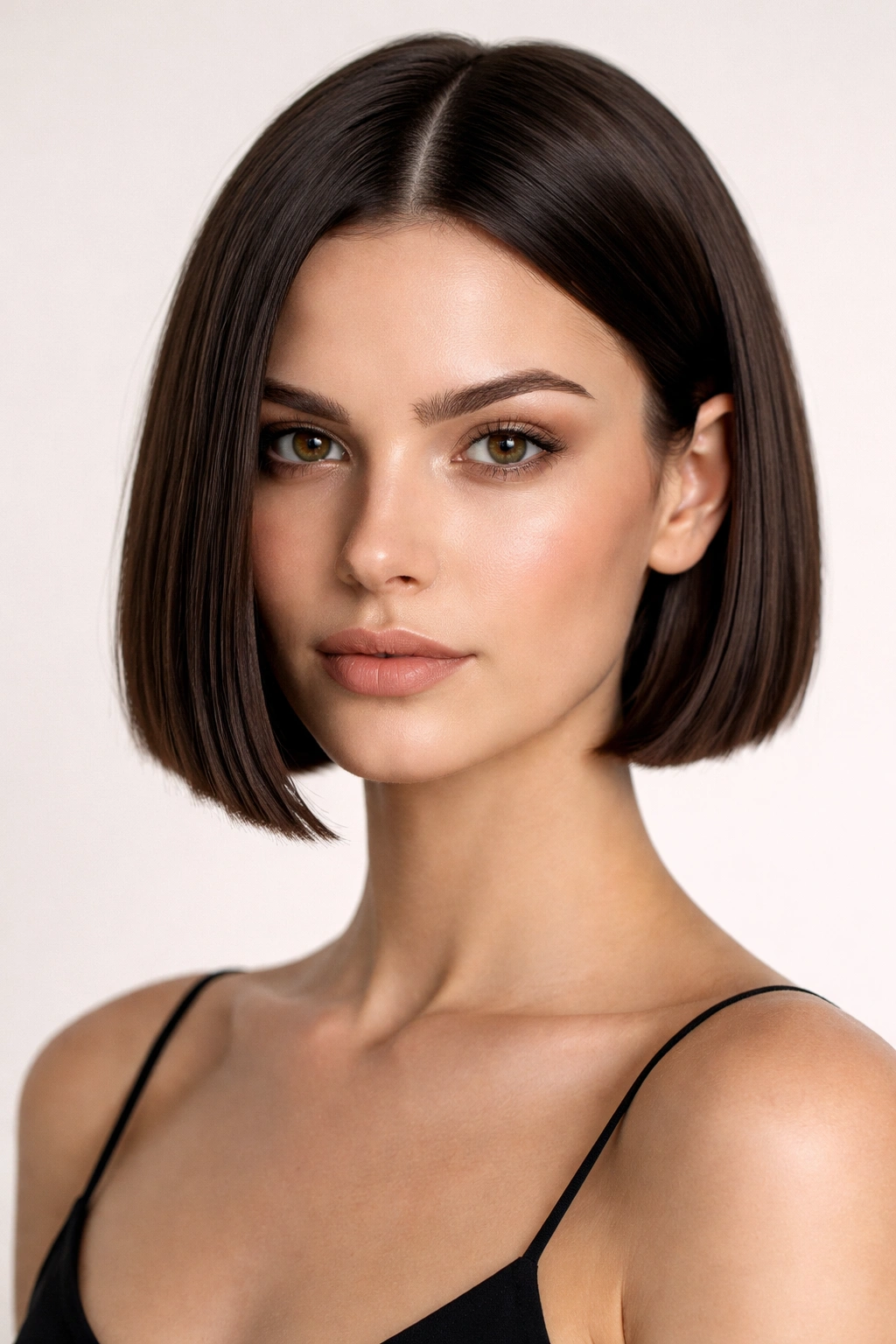 Front portrait of a blunt bob above the jaw with a crisp straight line