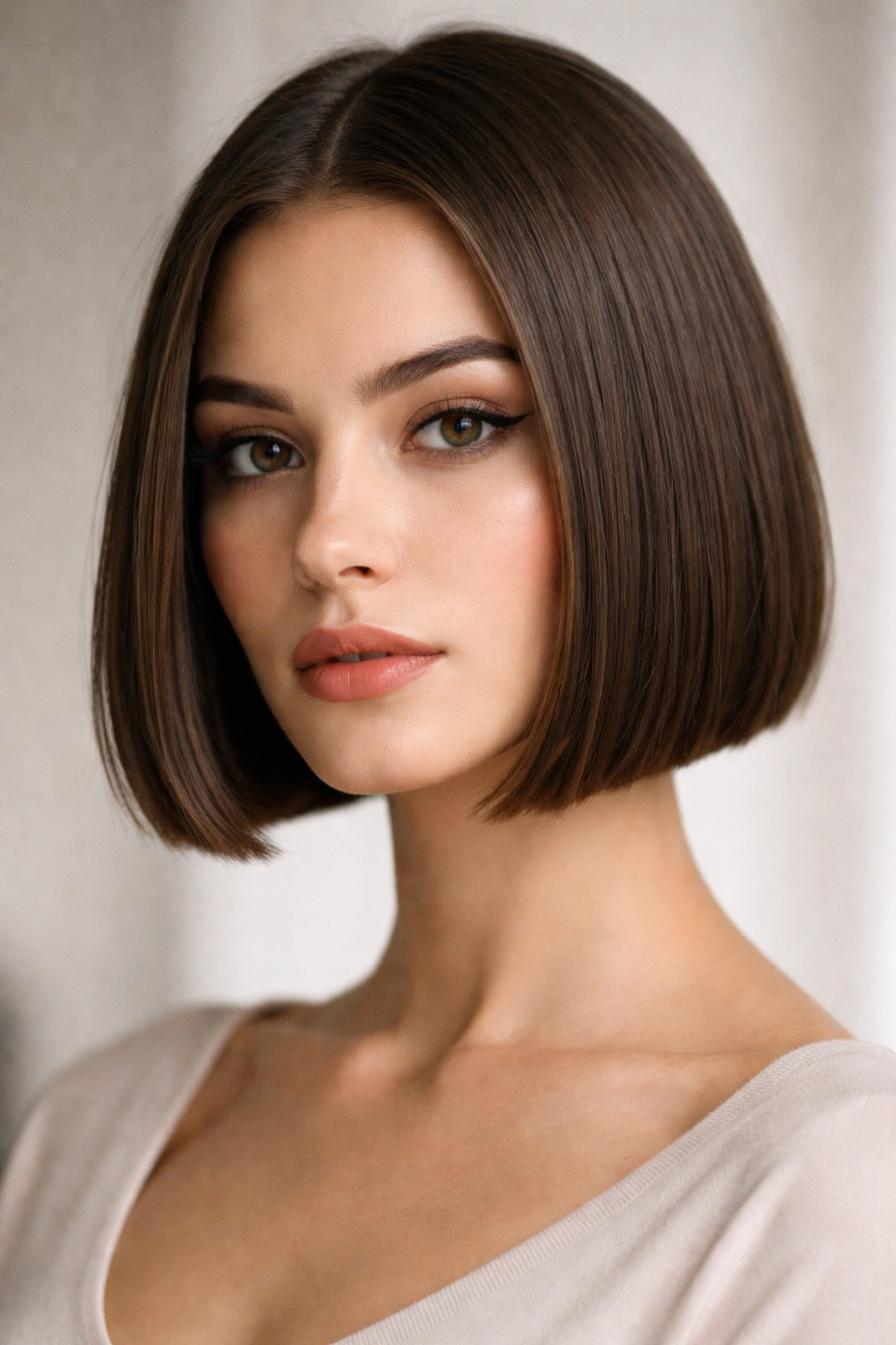 10 Hairstyles That Visually Shorten A Long Face 2 Head with a blunt chin-length bob and sharp jawline