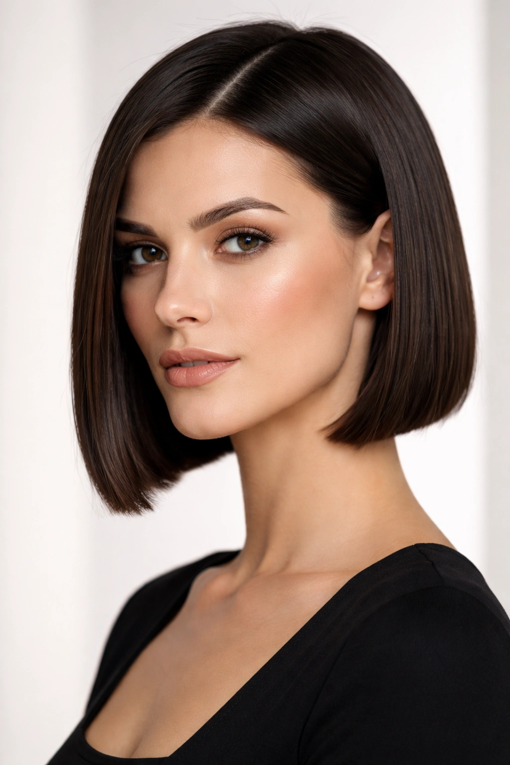 Blunt bob with a sharp straight edge at the jawline