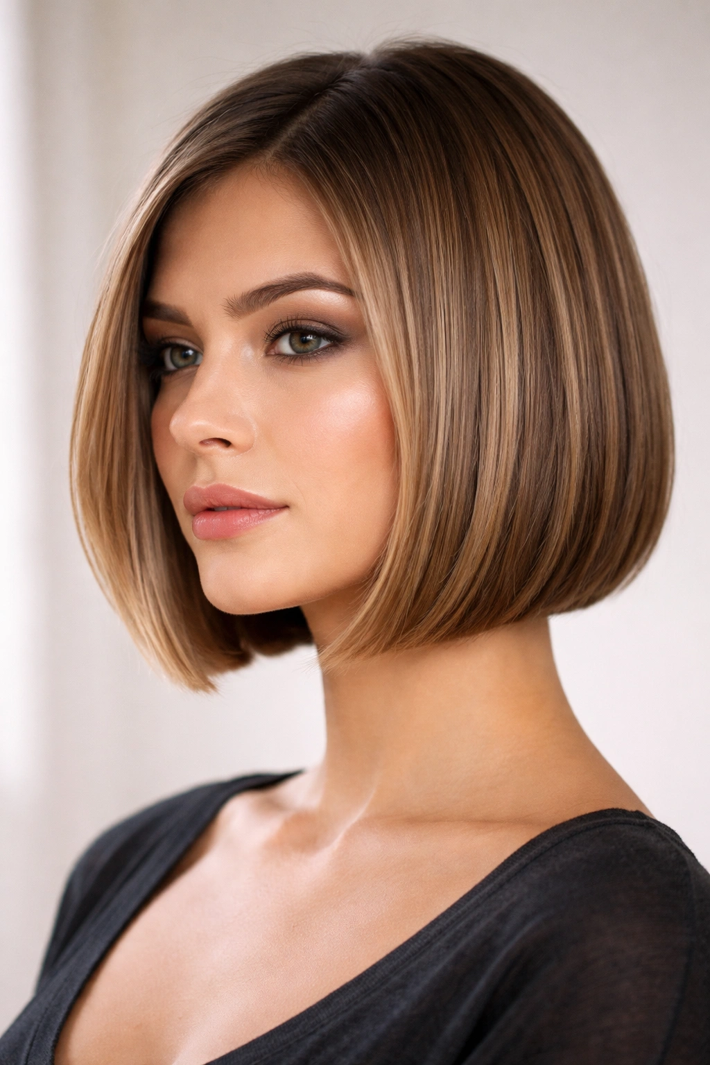Chin-length blunt bob with subtle inner layering