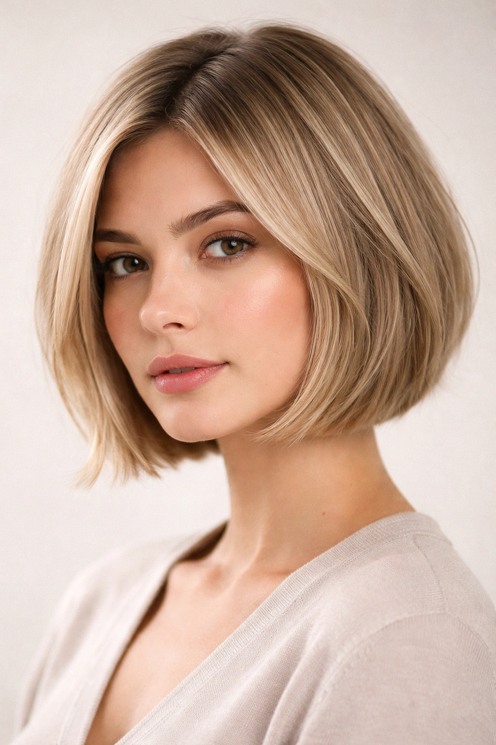 Portrait of blunt bob with subtle interior layers for lift and shape