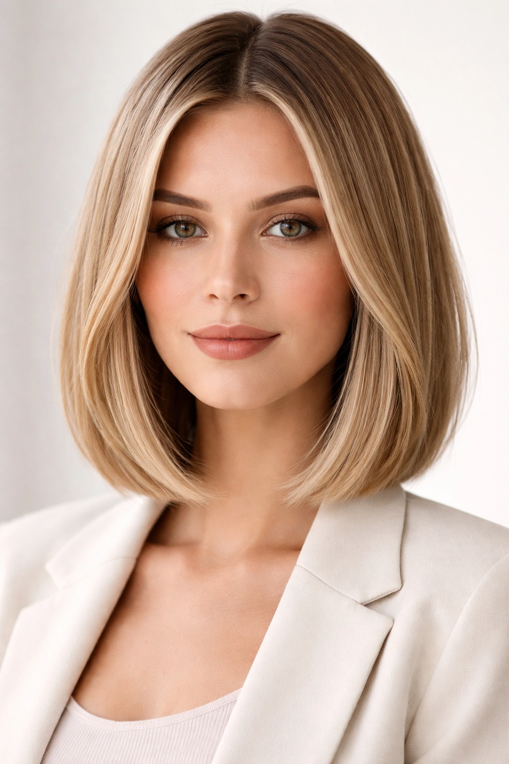Blunt medium bob with subtle layers and a crisp horizontal line