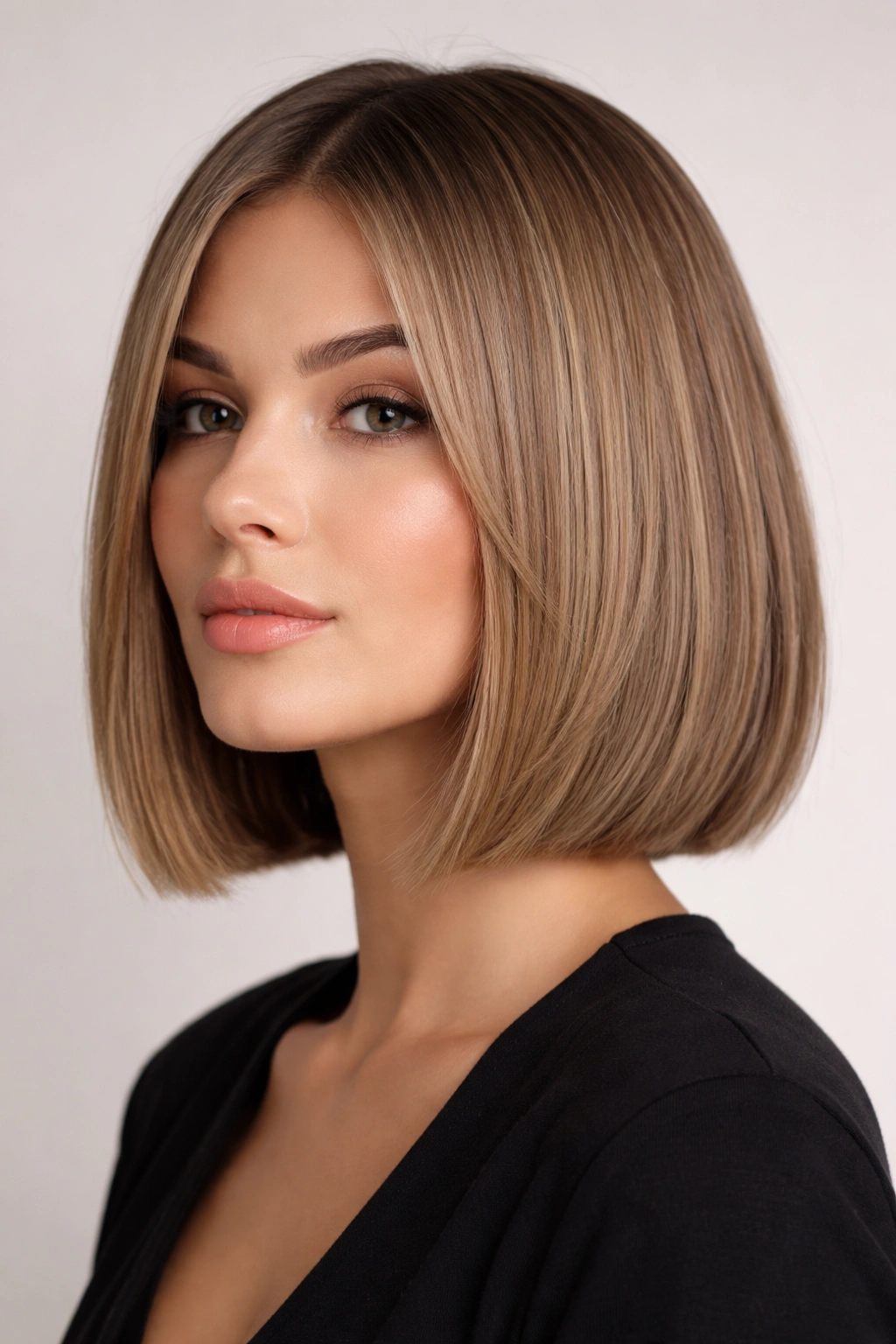 Blunt bob with a sharp outer edge and subtle inner layers on a model