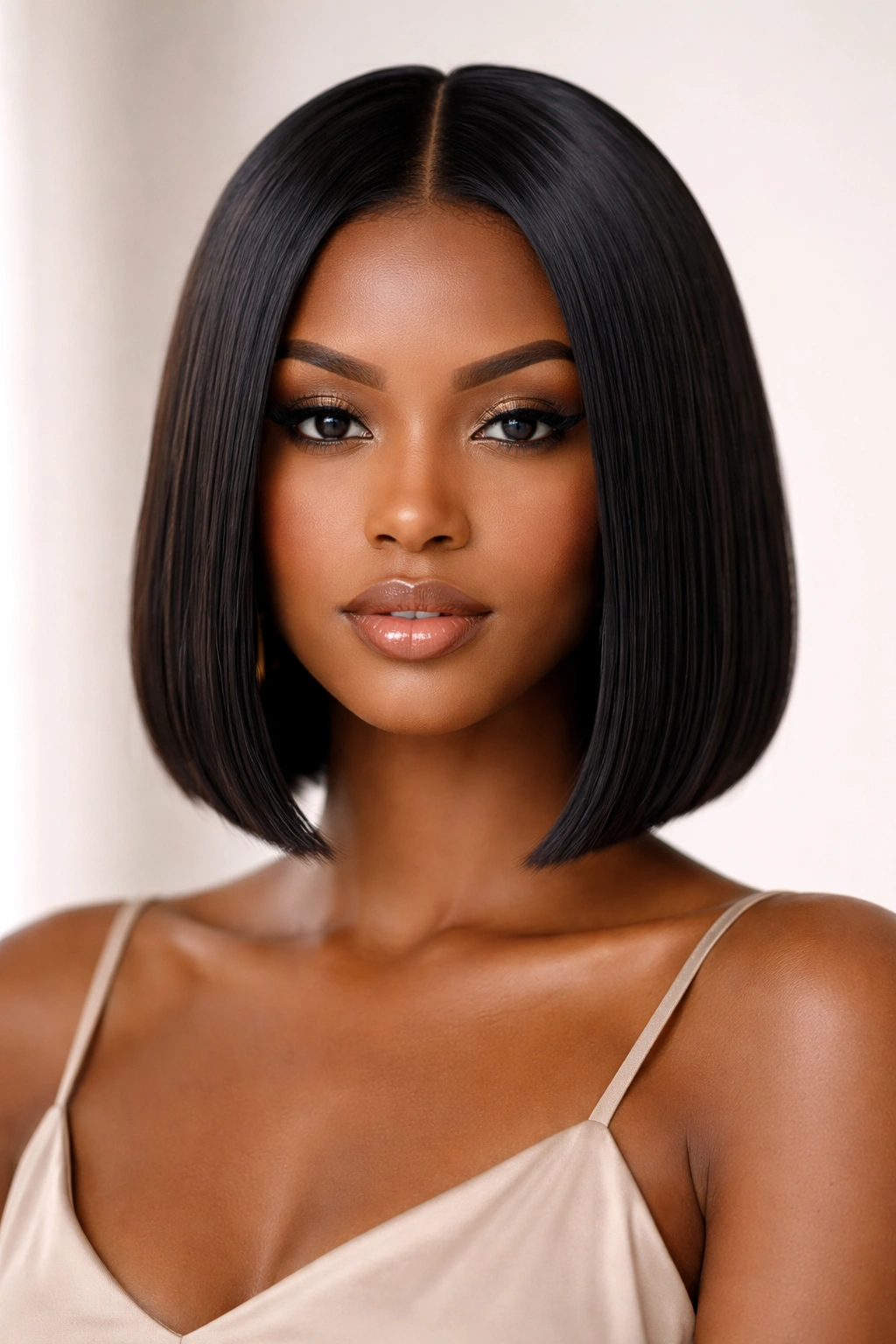 Sleek blunt bob with middle part, jaw-length, glossy straight hair in studio portrait