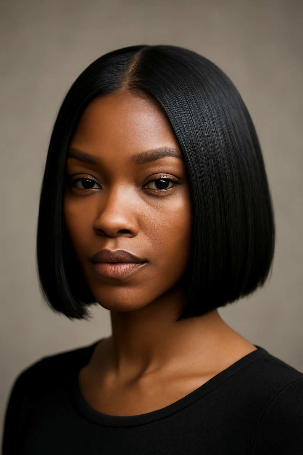 10 Middle Part Short Hairstyles for Black Women 3 Portrait of a person with blunt bob and geometric middle part in a studio