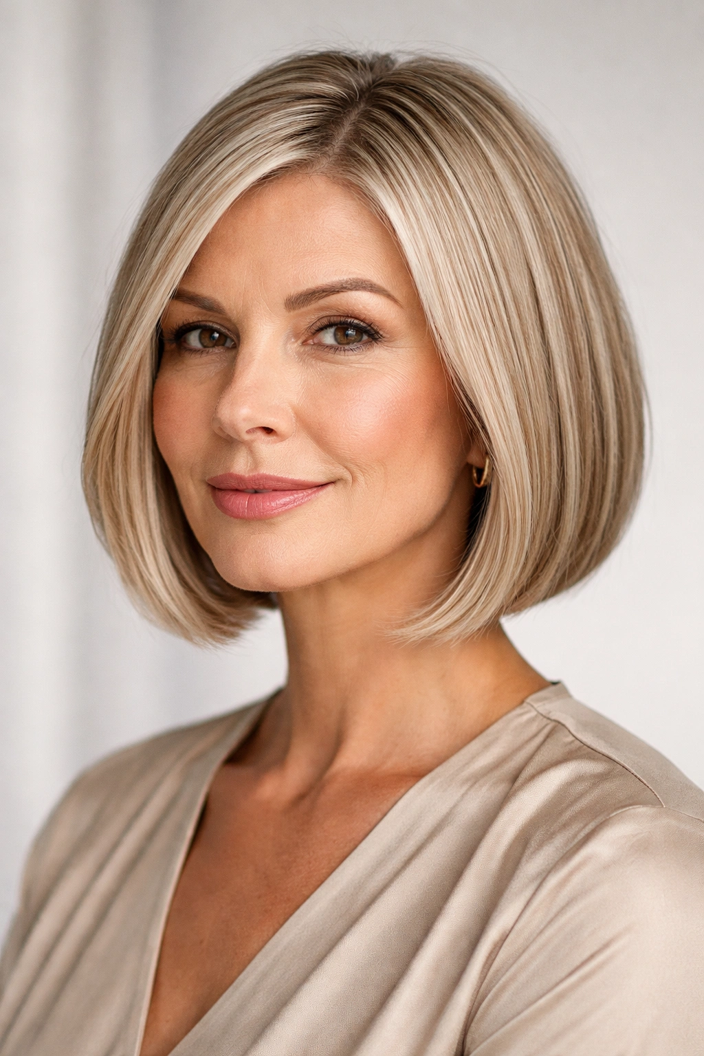 Close-up of a woman with a blunt chin-length bob featuring a face-framing front and subtle internal layers.