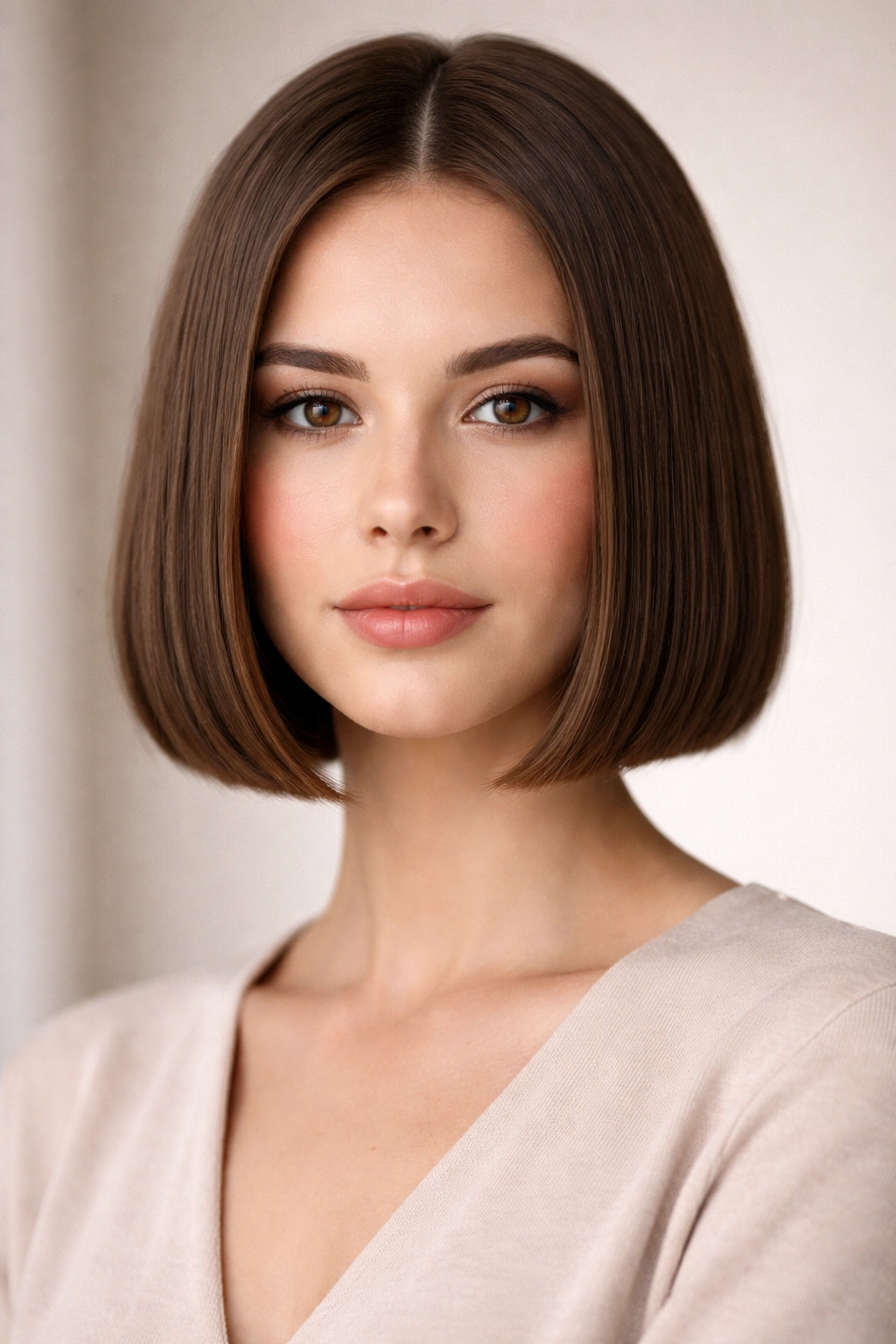 15 Hairstyles That Flatter An Oval Face Shape 1 Close-up of a chin-length blunt bob on a model, highlighting the sharp edge