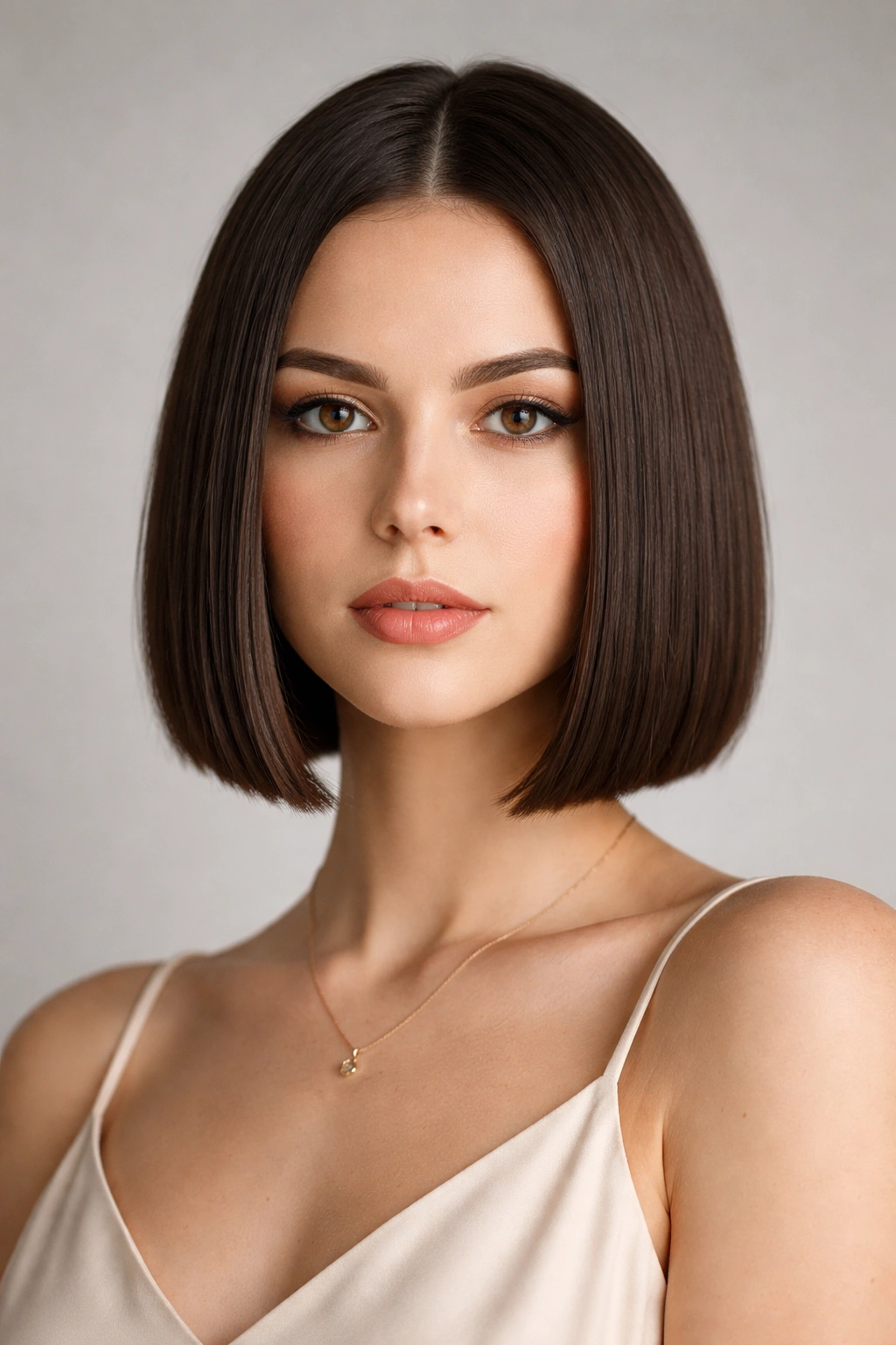 25 Bob Cuts Matched To Your Face Shape And Hair 1 Oval-face model with a jaw-length blunt bob and straight hair, sharp edge