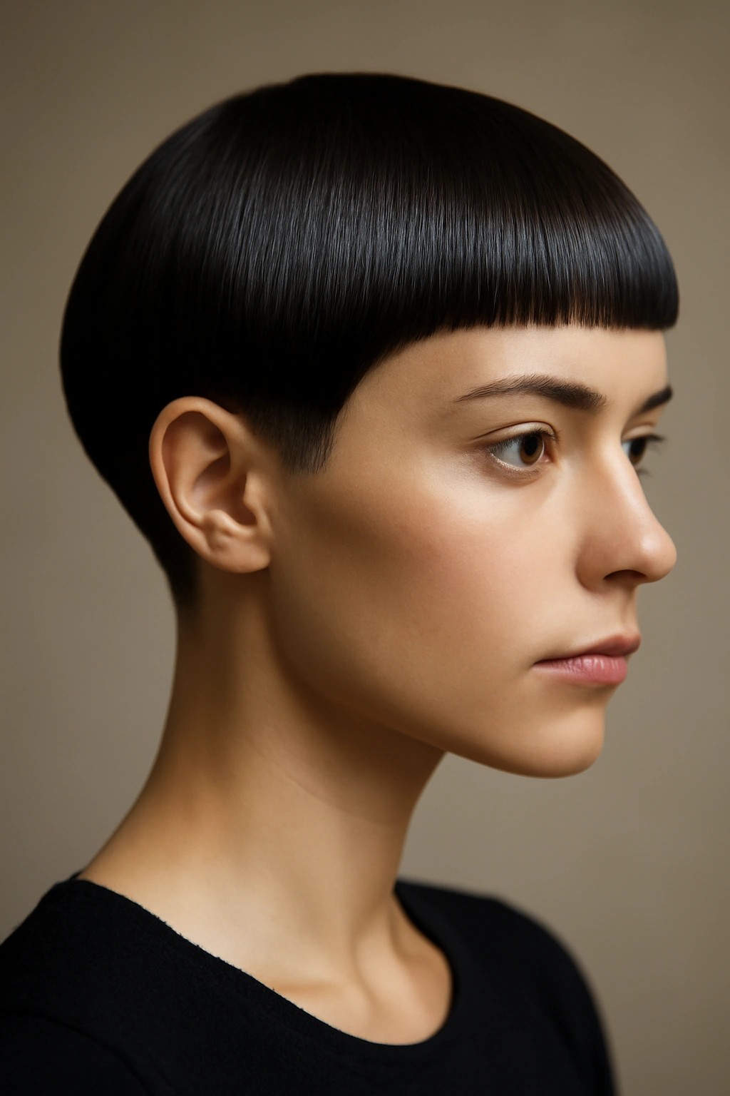 20 Bob Haircut Ideas From Short To Long Lengths 1 Close-up of a model with a razor-sharp blunt pixie-bob showing a crisp nape-length line.