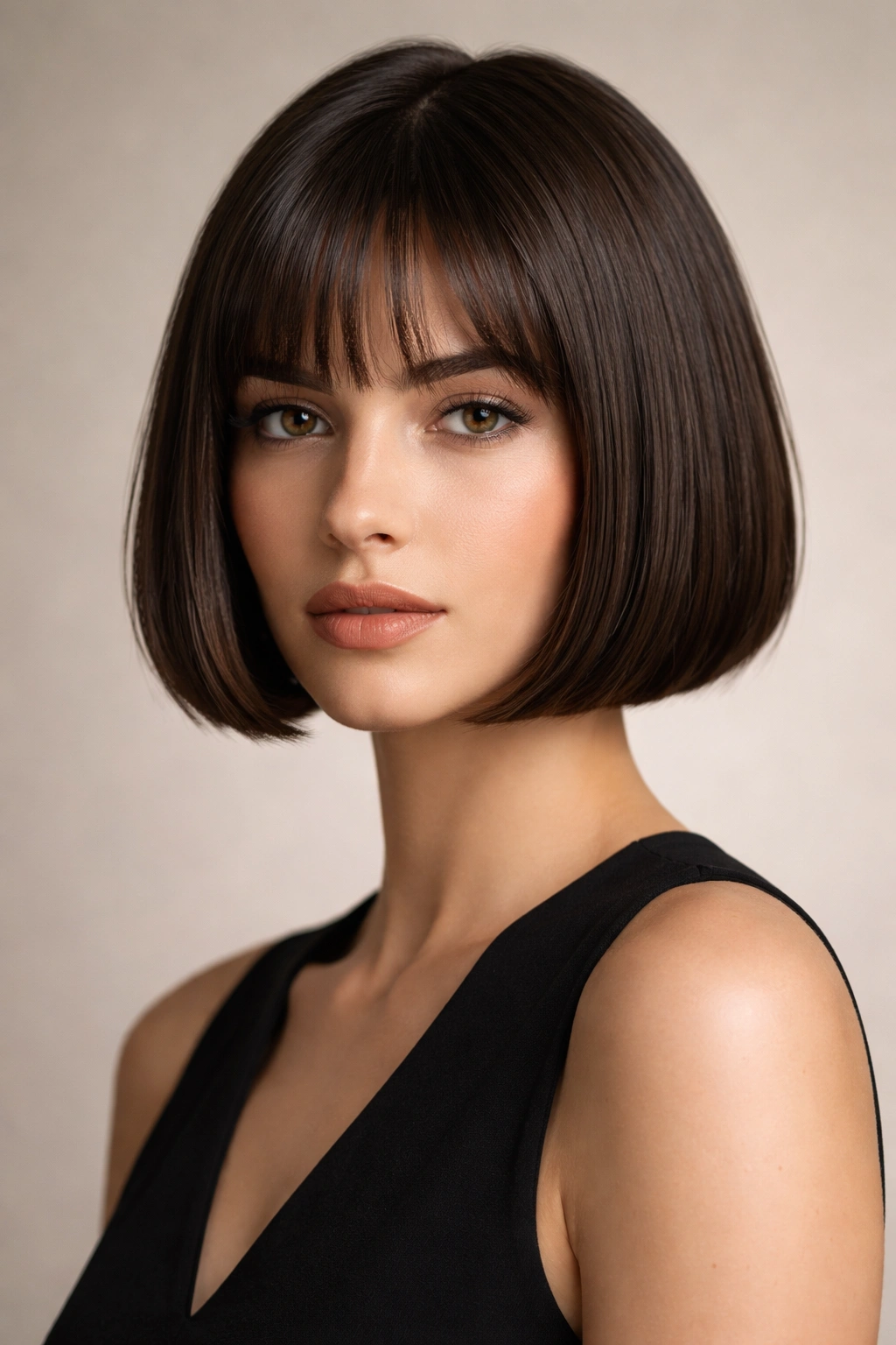 Close-up of a model with a sharp jaw-length blunt French bob, smooth and polished