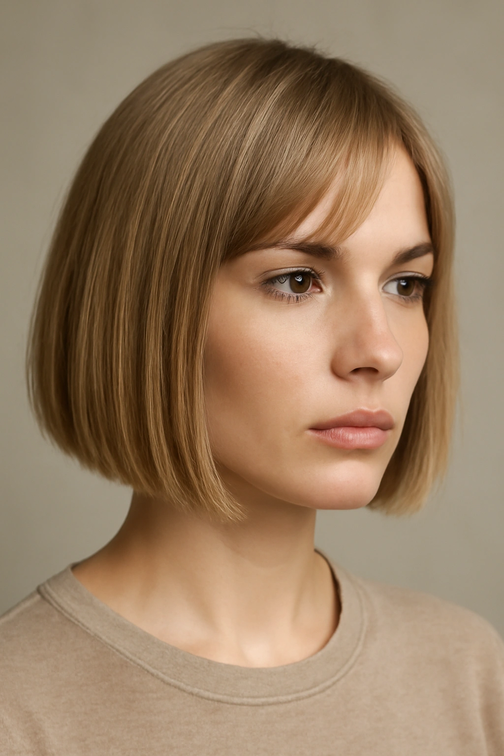 12 Short Haircuts That Work on Baby Fine Hair 3 Portrait of a person with chin-length blunt bob showing a strong straight hem.