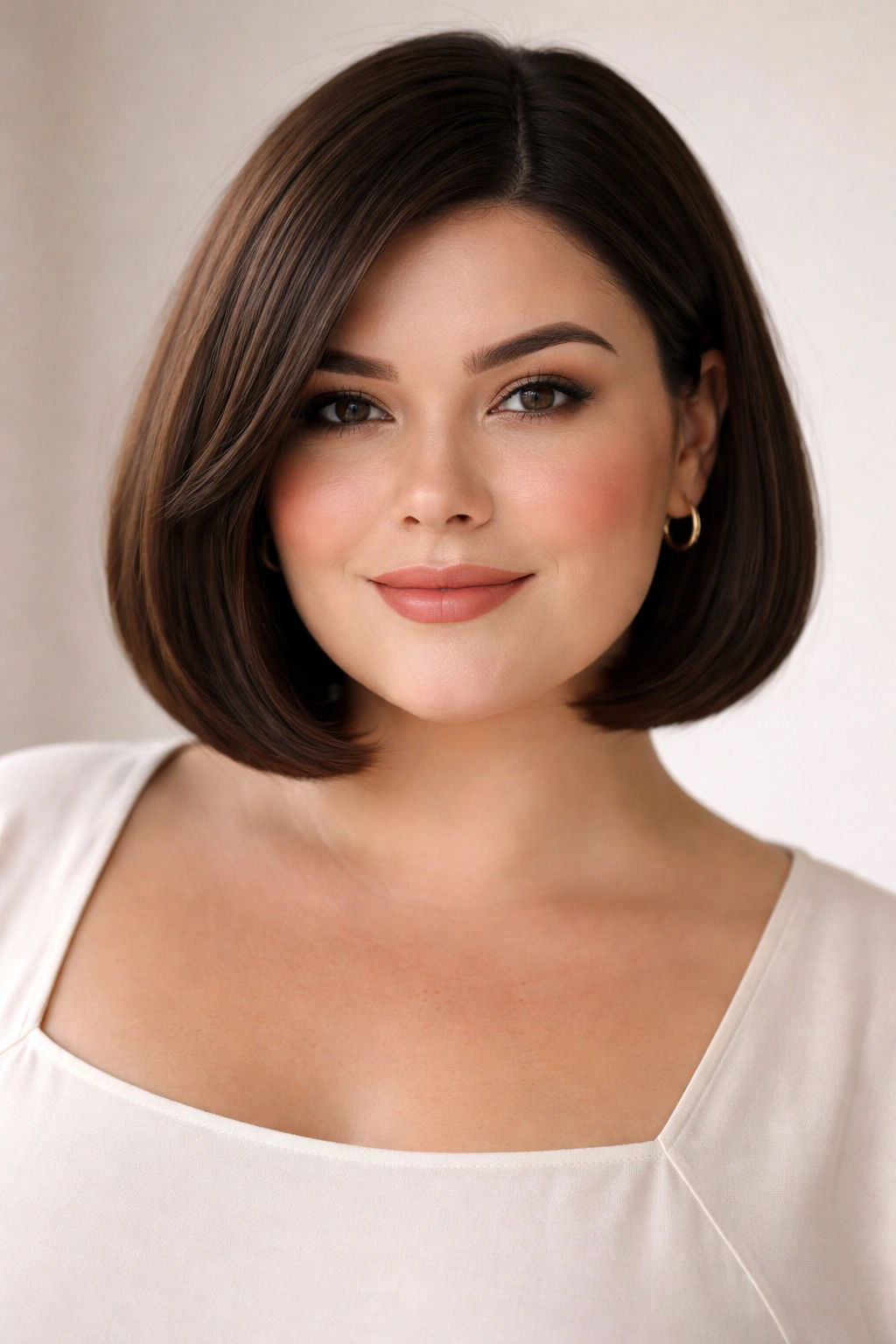15 Flattering Short Haircuts For Plus Size Women 4 Close-up of a blunt bob with rounded edges framing the jawline.