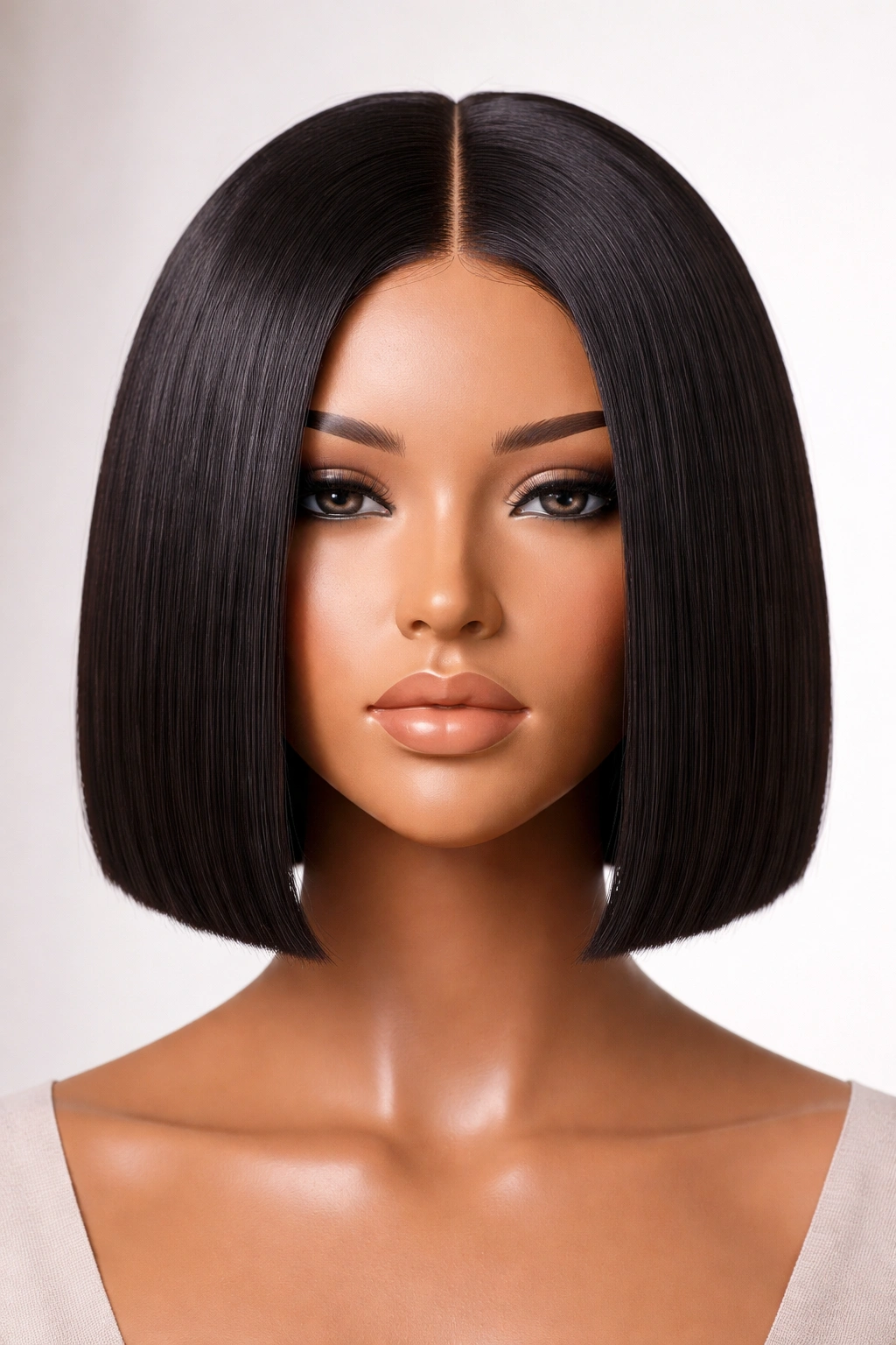 Blunt bob sew-in with a crisp chin-length line on a mannequin head