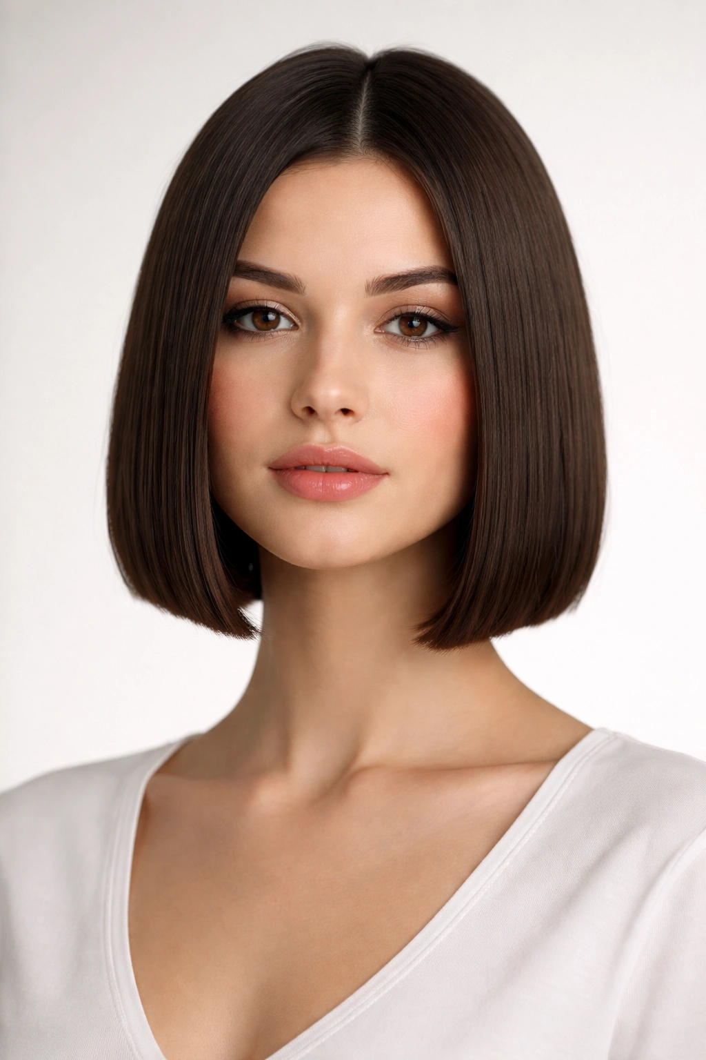 Close-up of a blunt bob with a precise blunt cut at chin length.