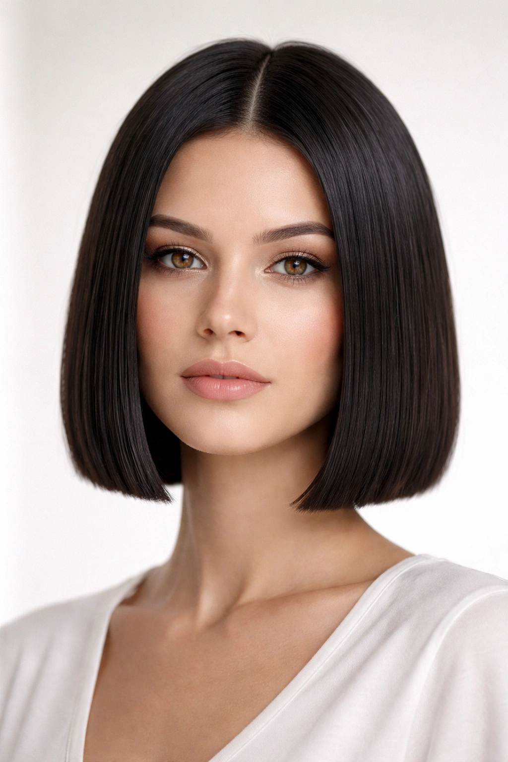 Front view of a precise blunt bob with a sharp jawline