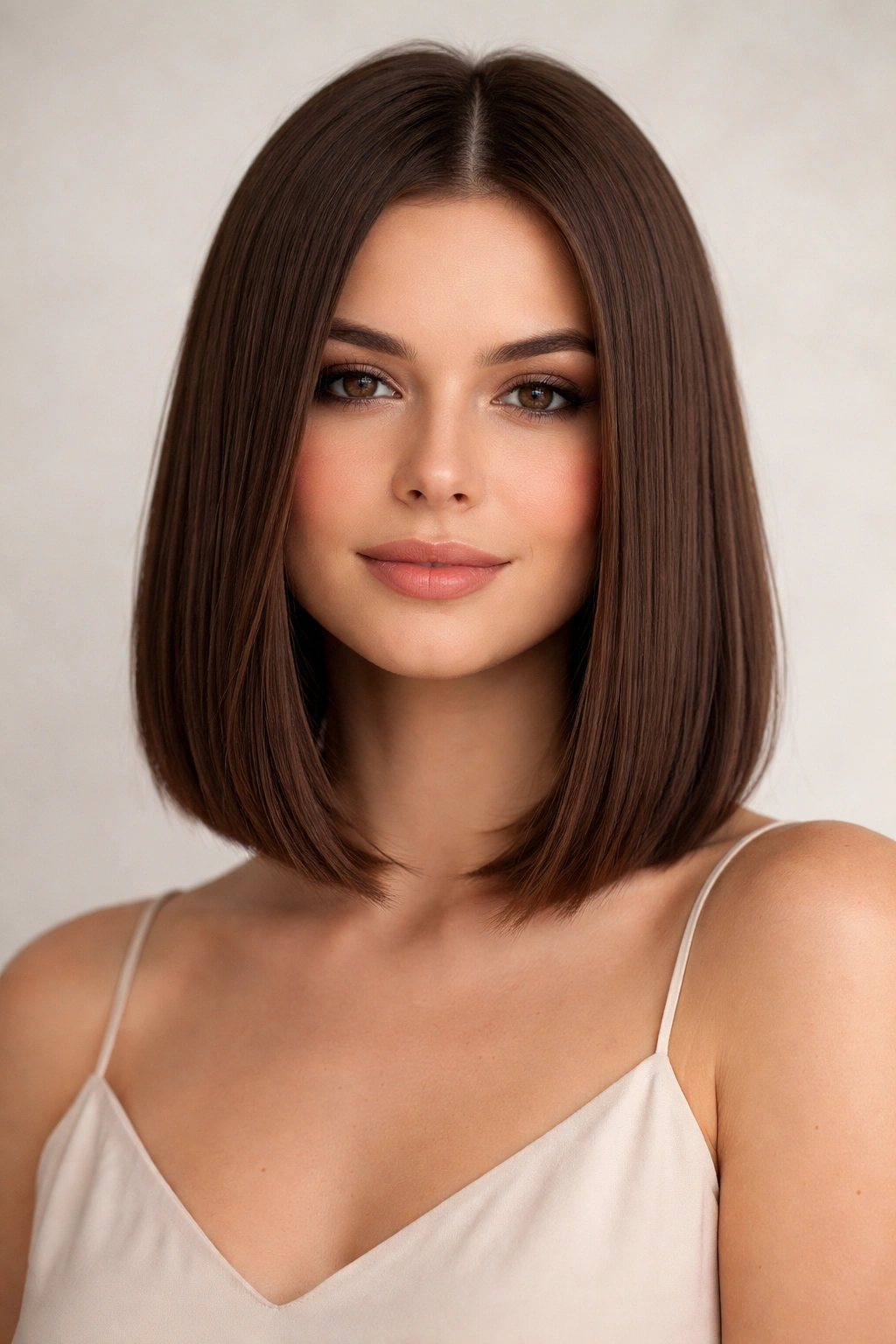 Blunt shoulder-length bob with subtle textures on ends