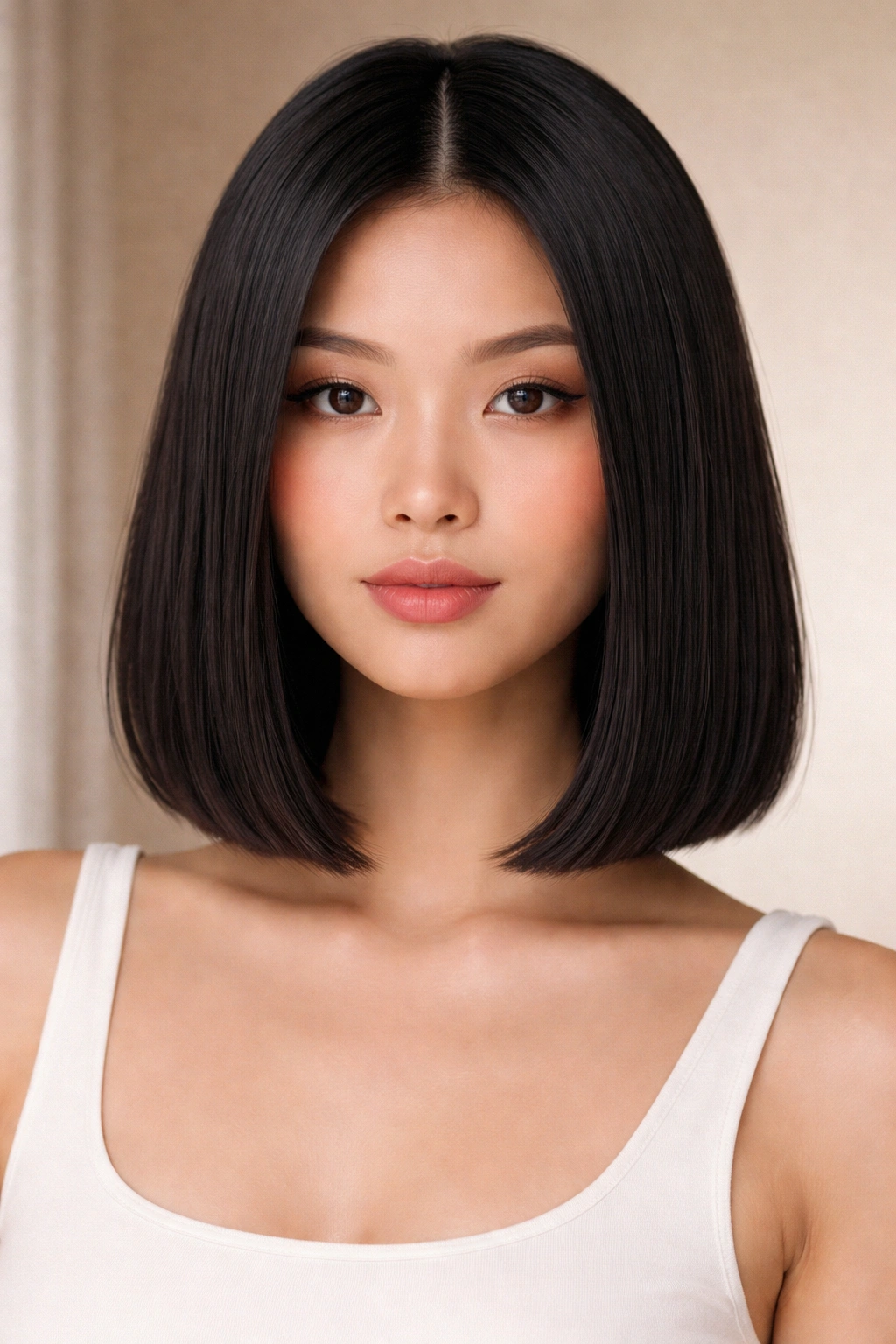 15 Asian Hairstyles Women Can T Stop Pinning 1 Close-up portrait of a blunt shoulder-length bob hairstyle with a straight, sleek hem
