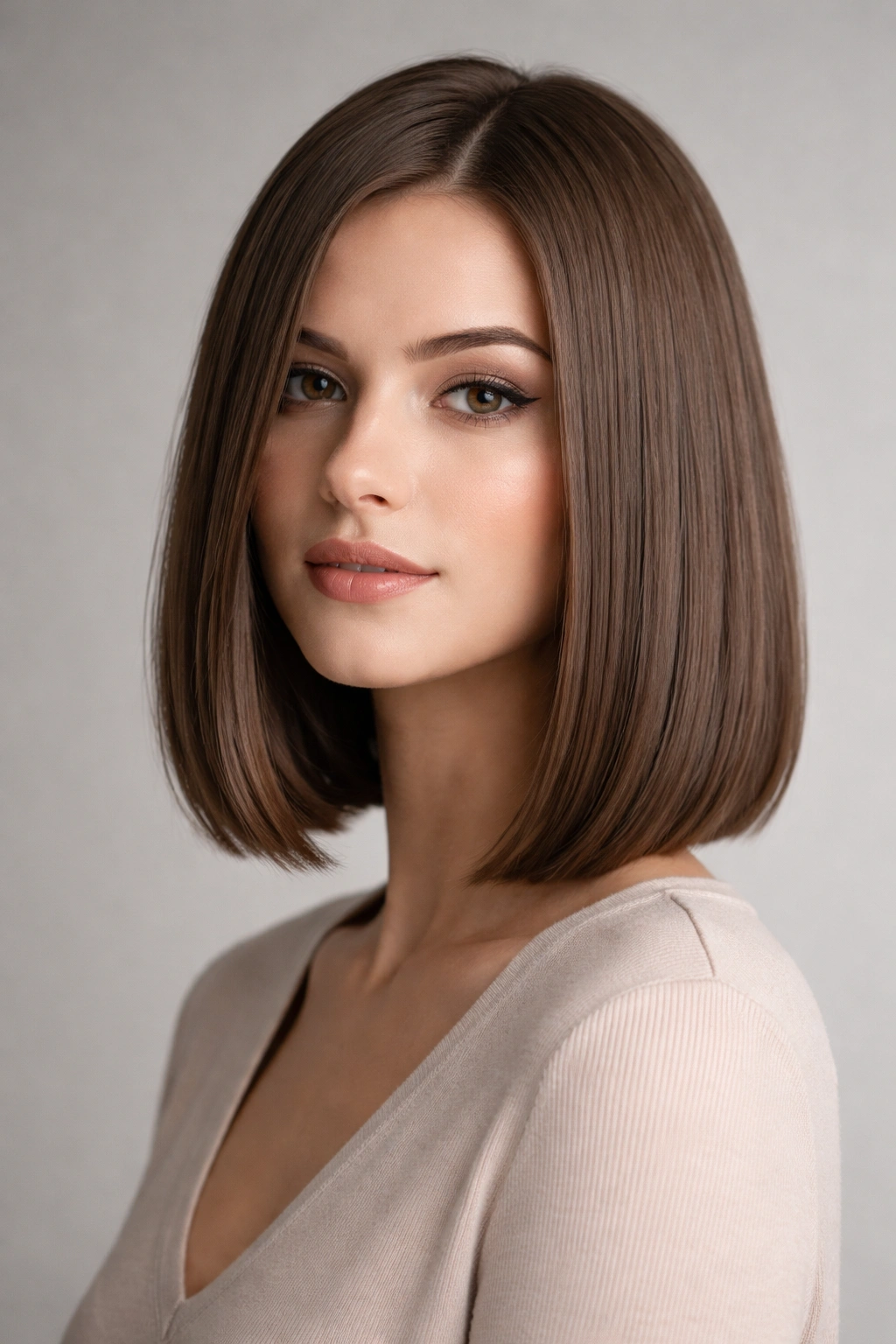 Close-up of a blunt shoulder-length bob with a crisp, even edge against a neutral studio backdrop.