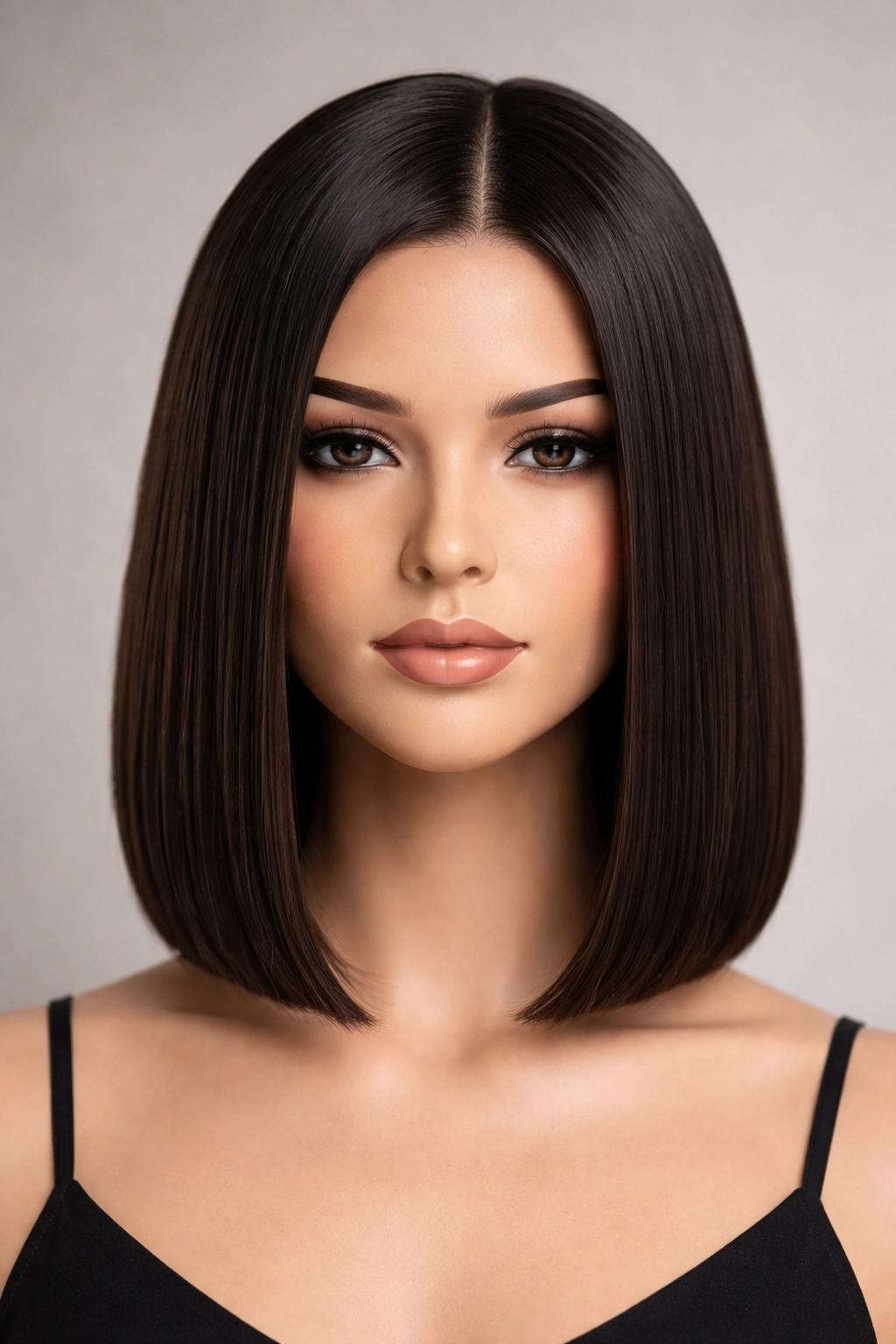 Close-up of a shoulder-length blunt bob with a crisp straight edge at the collarbone